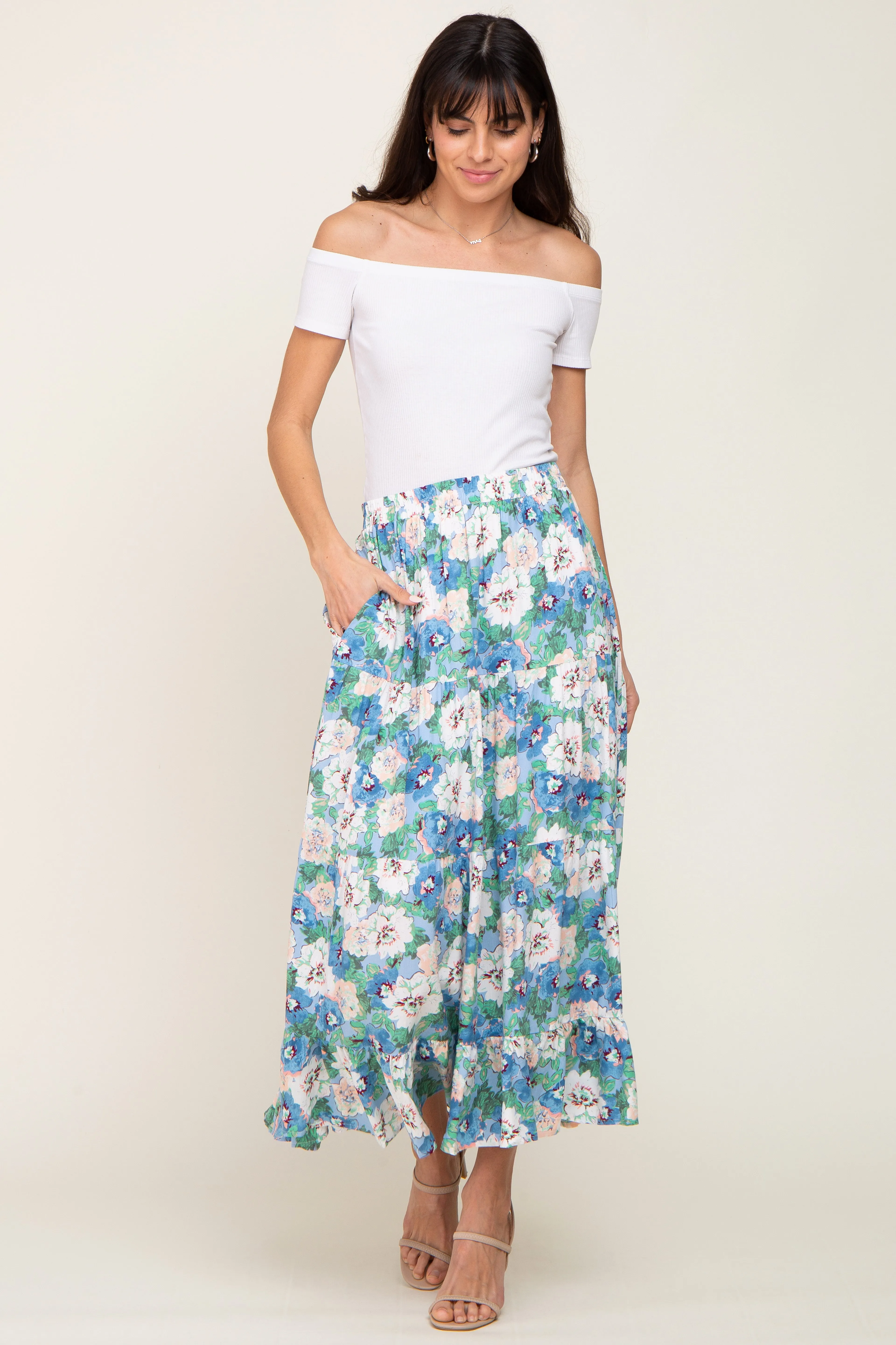 Blue Floral Tiered Maxi Skirt sold by Pinkblush product image thumbnail 5