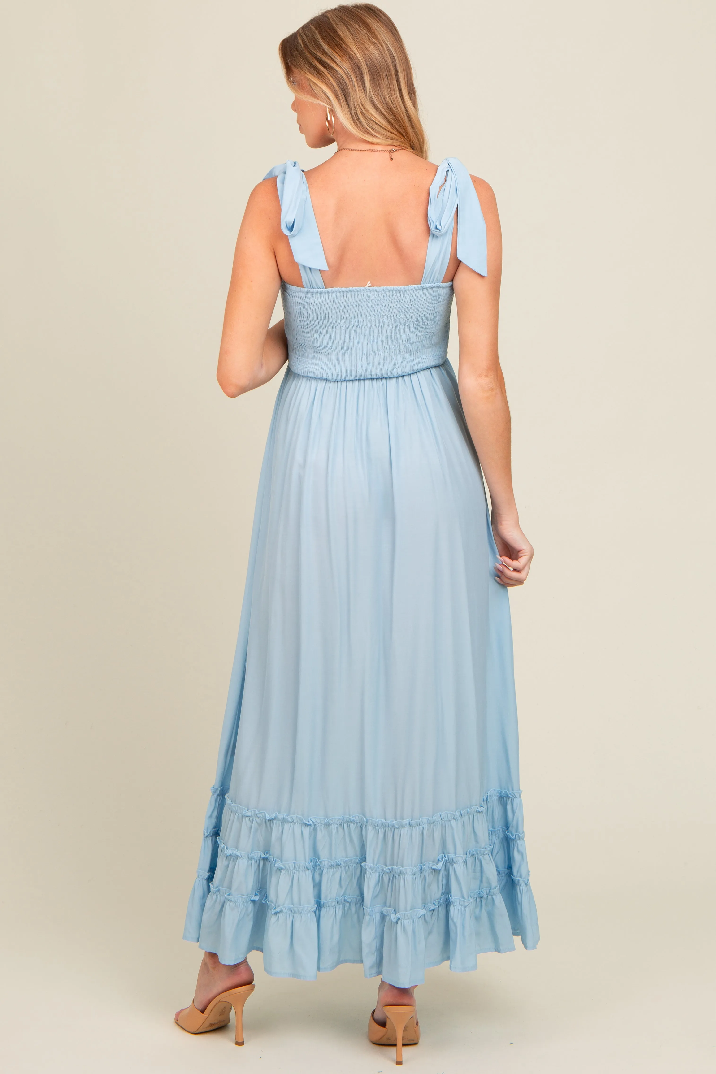 Light Blue Sweetheart Neck Smocked Shoulder Tie Maternity Maxi Dress sold by Pinkblush product image thumbnail 3