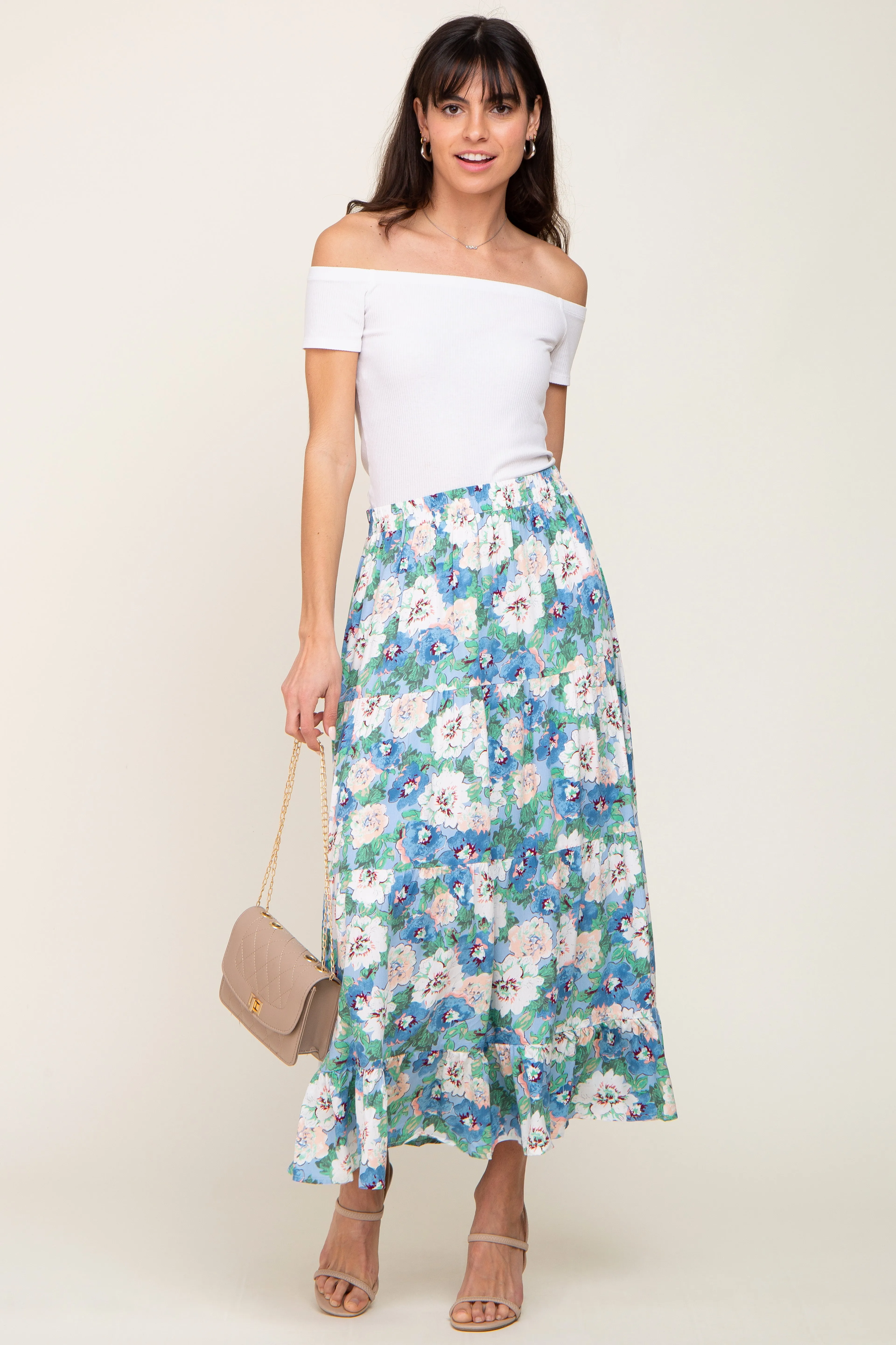 Blue Floral Tiered Maxi Skirt sold by Pinkblush