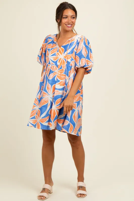 Royal Blue Floral Front Tie Puff Sleeve Maternity Dress sold by Pinkblush