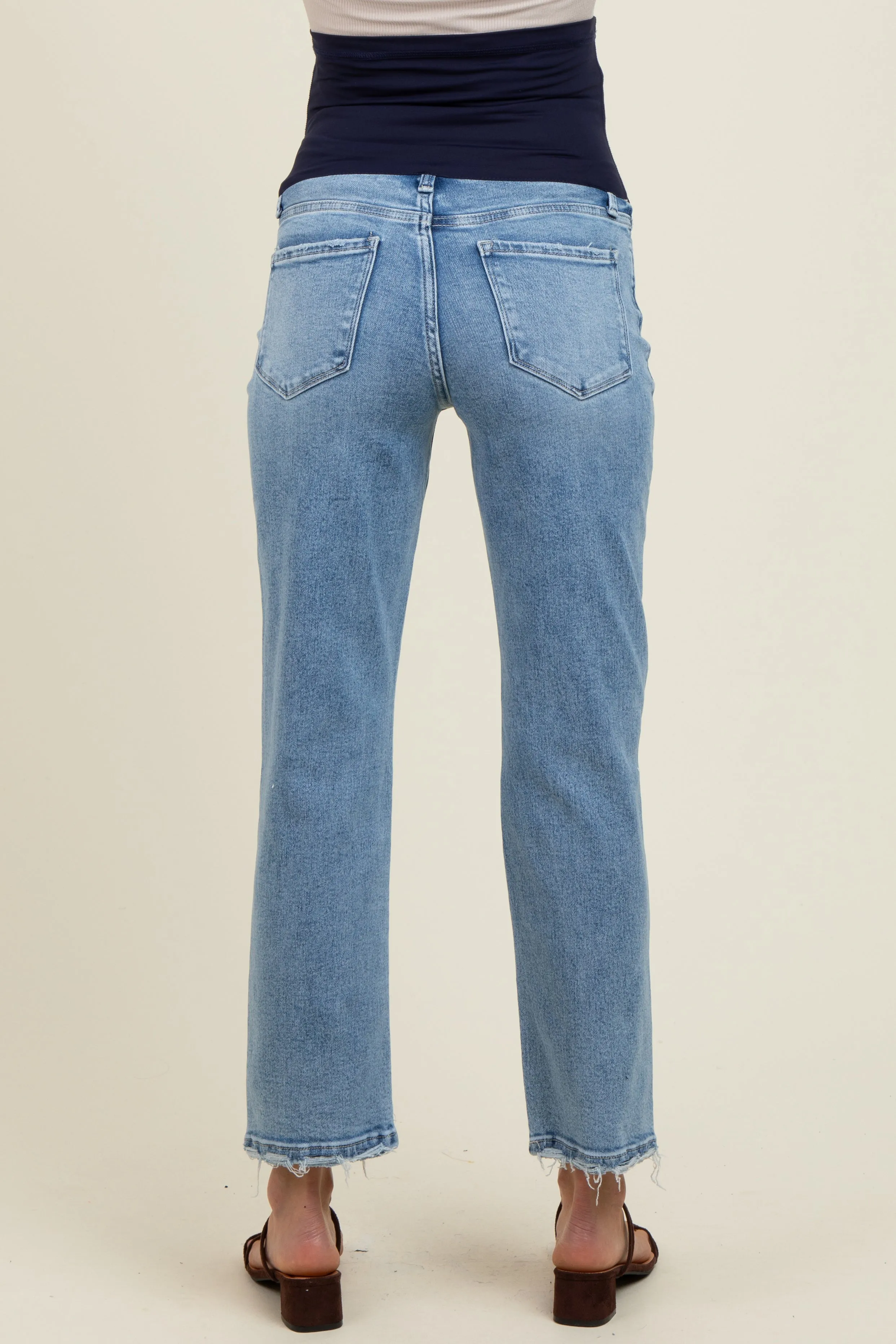 Light Blue Distressed Open Knee Ankle Straight Leg Maternity Jeans sold by Pinkblush product image thumbnail 5