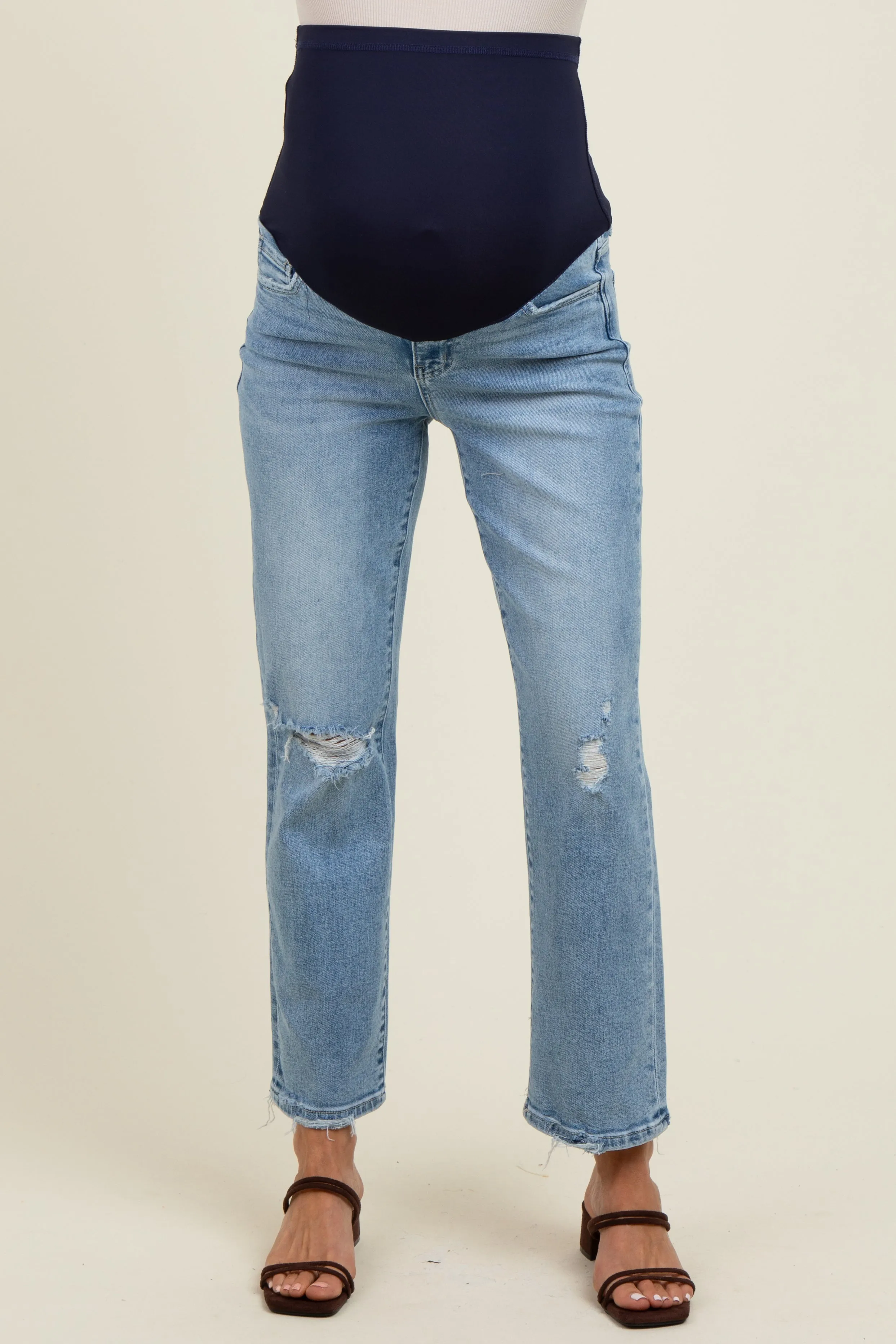 Light Blue Distressed Open Knee Ankle Straight Leg Maternity Jeans sold by Pinkblush product image thumbnail 3