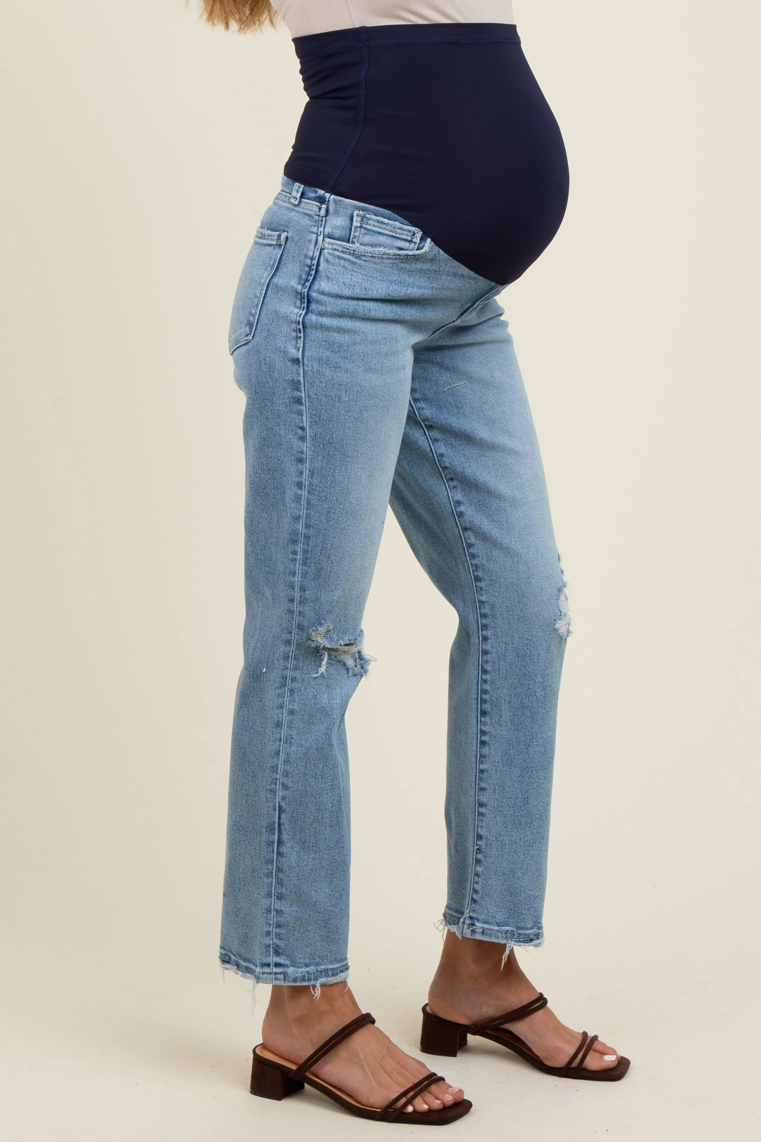 Light Blue Distressed Open Knee Ankle Straight Leg Maternity Jeans sold by Pinkblush product image thumbnail 4