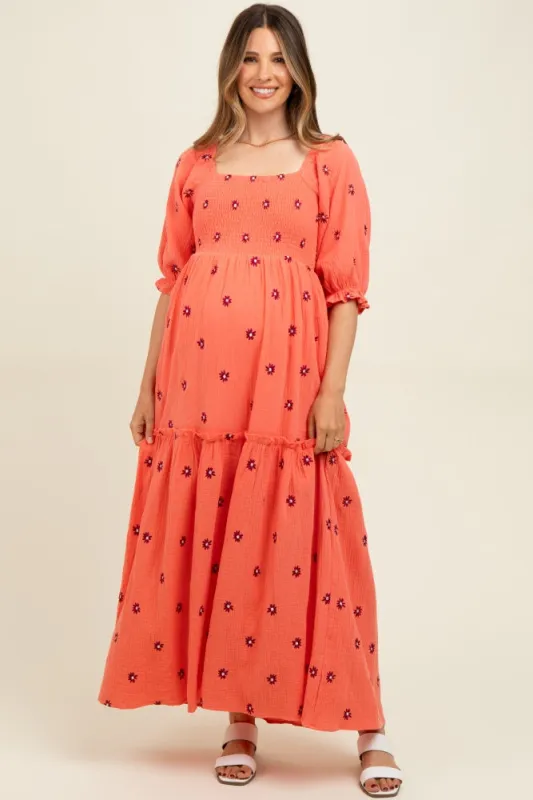 Orange Floral Smocked Puff Sleeve Maternity Maxi Dress sold by Pinkblush