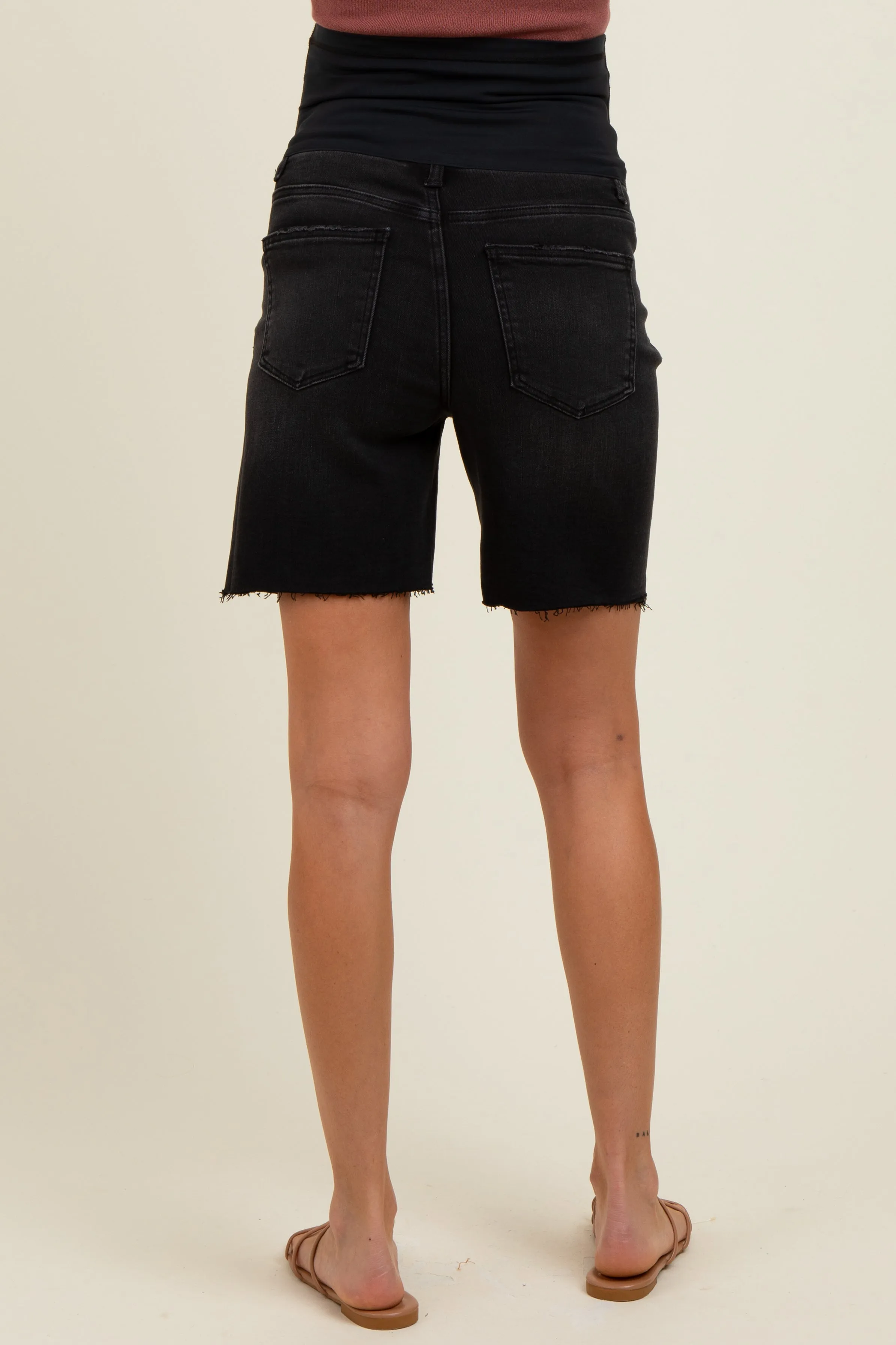 Black Raw Cut Hem Mid Length Maternity Denim Shorts sold by Pinkblush product image thumbnail 4