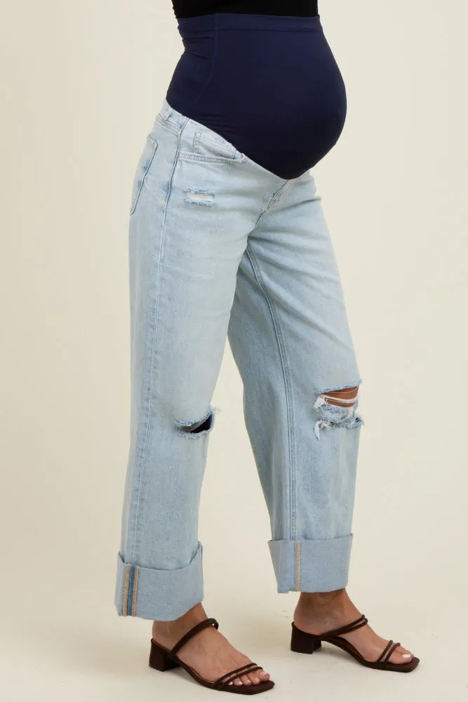 Light Blue Distressed Knee Cropped Cuffed Baggy Wide Leg Maternity Jeans sold by Pinkblush product image thumbnail 3