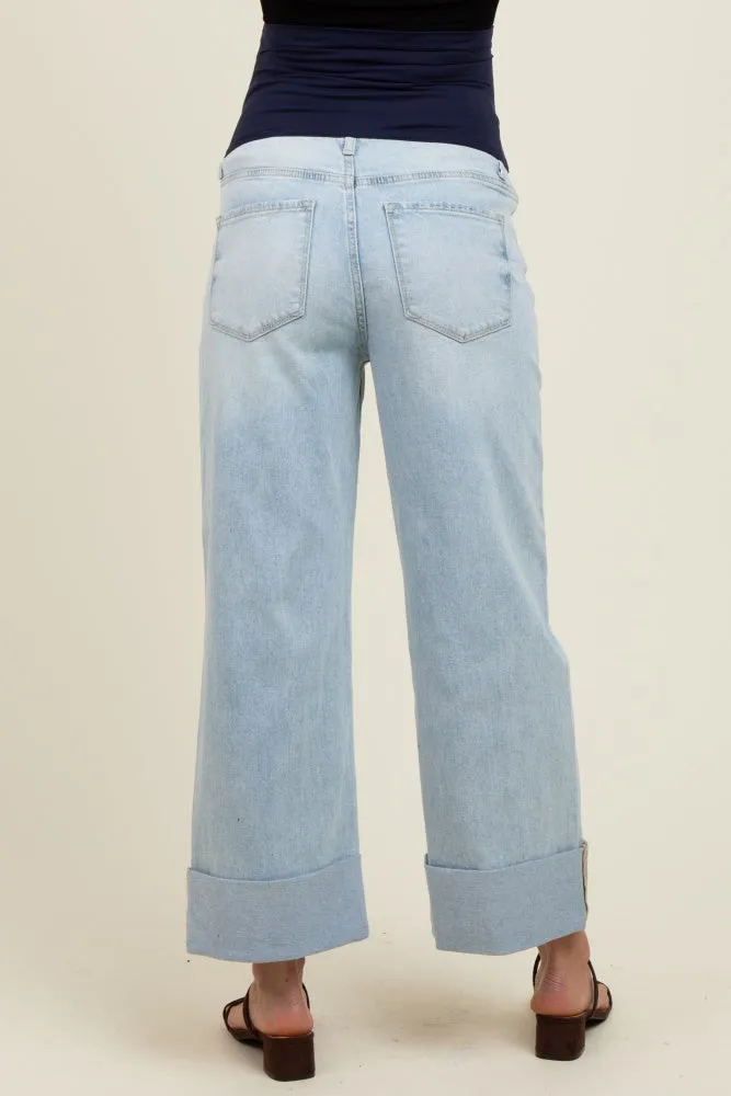 Light Blue Distressed Knee Cropped Cuffed Baggy Wide Leg Maternity Jeans sold by Pinkblush product image thumbnail 4