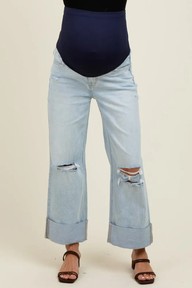 Light Blue Distressed Knee Cropped Cuffed Baggy Wide Leg Maternity Jeans sold by Pinkblush product image thumbnail 2