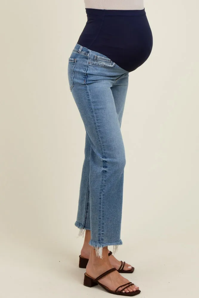 Light Blue Distressed Fringe Hem Cropped Straight Leg Maternity Jeans sold by Pinkblush product image thumbnail 4
