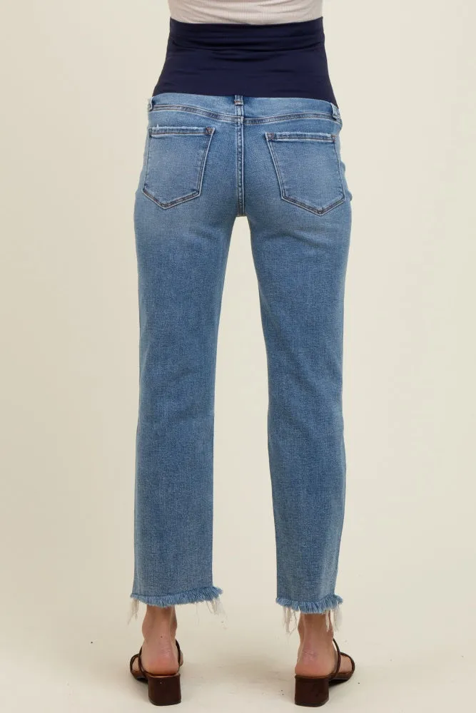 Light Blue Distressed Fringe Hem Cropped Straight Leg Maternity Jeans sold by Pinkblush product image thumbnail 5
