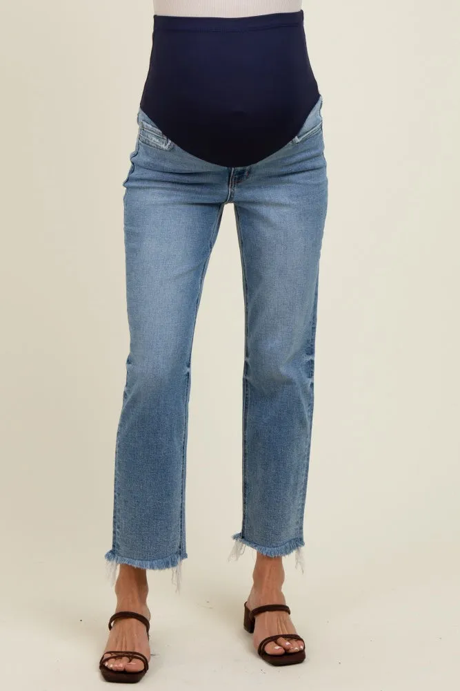 Light Blue Distressed Fringe Hem Cropped Straight Leg Maternity Jeans sold by Pinkblush product image thumbnail 3