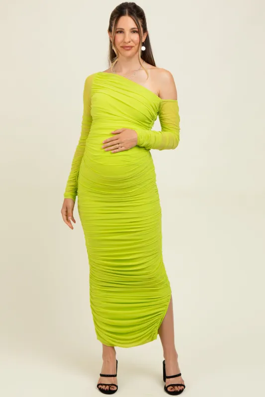 Lime Ruched Mesh One Shoulder Long Sleeve Maternity Maxi Dress sold by Pinkblush