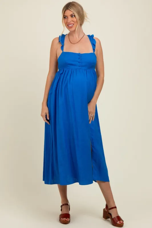 Blue Ruffle Strap Cutout Tie Back Maternity Midi Dress sold by Pinkblush