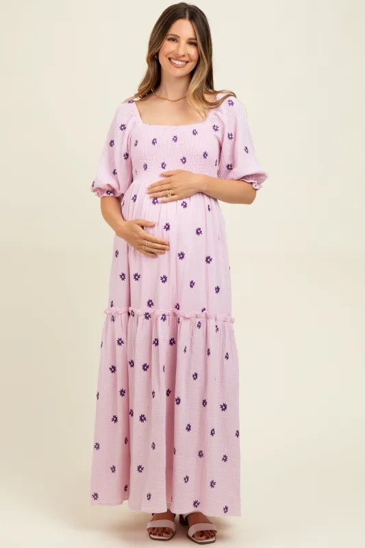 Lavender Floral Smocked Puff Sleeve Maternity Maxi Dress sold by Pinkblush