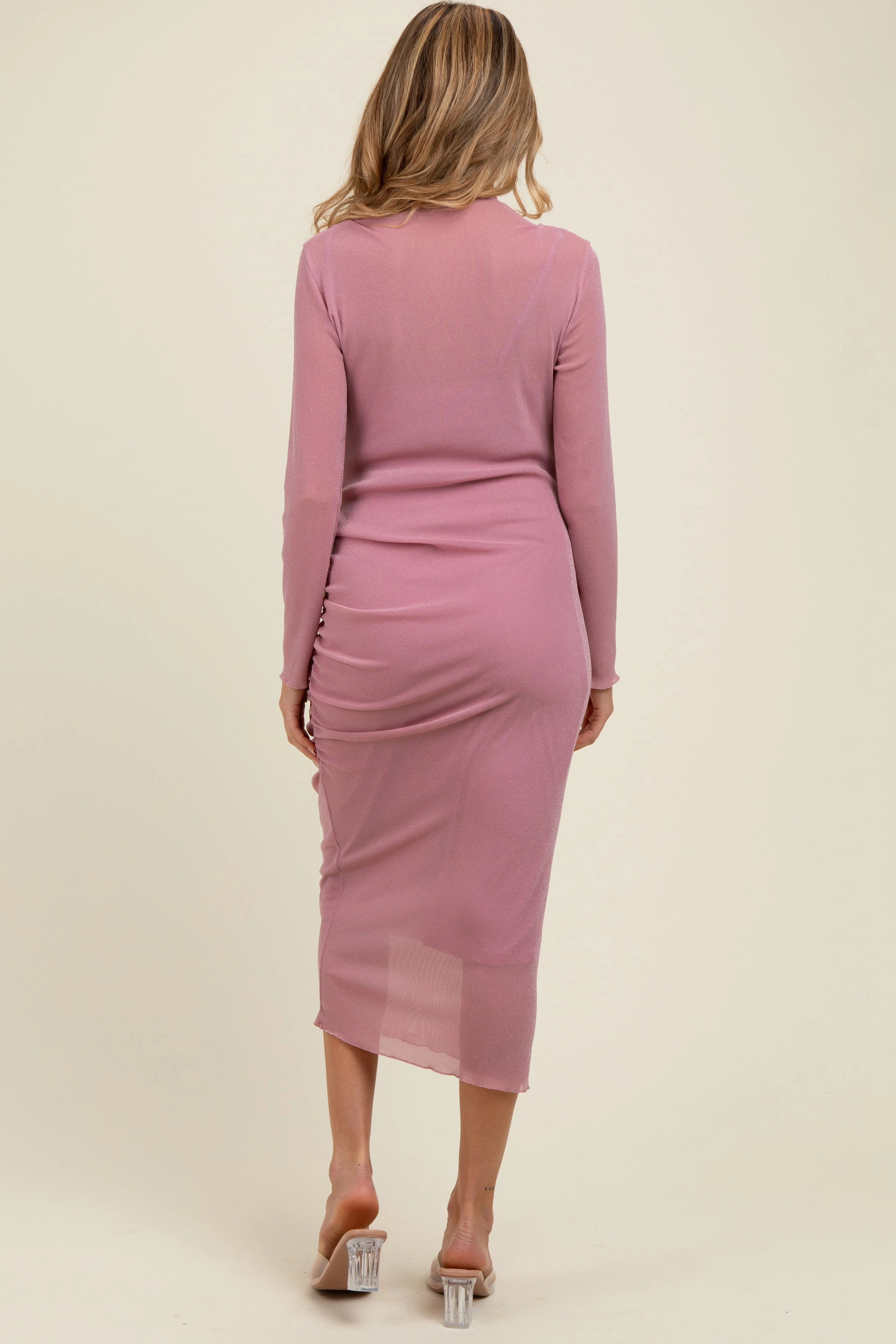 Pink Shimmer Mesh Long Sleeve Ruched Maternity Midi Dress sold by Pinkblush product image thumbnail 3