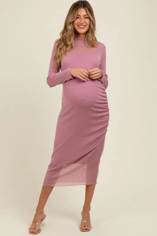 Pink Shimmer Mesh Long Sleeve Ruched Maternity Midi Dress sold by Pinkblush