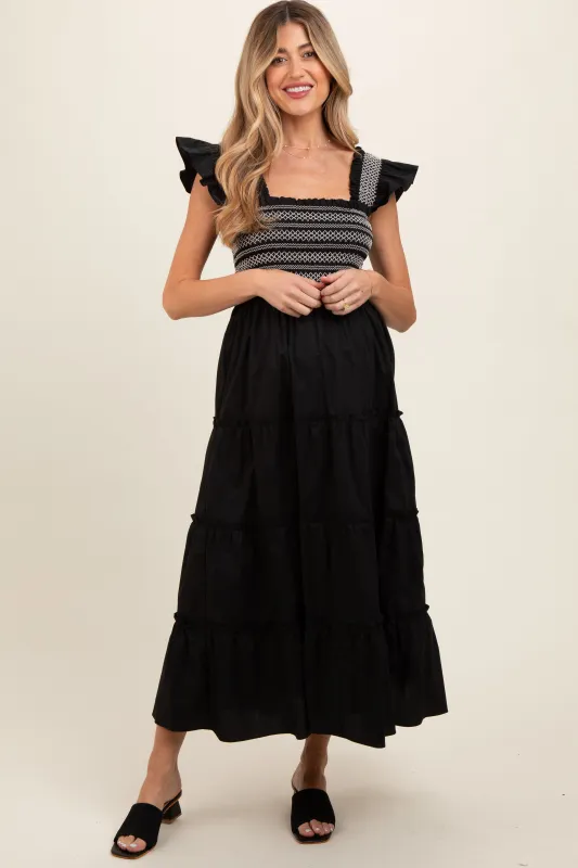 Black Embroidered Smocked Maternity Midi Dress sold by Pinkblush