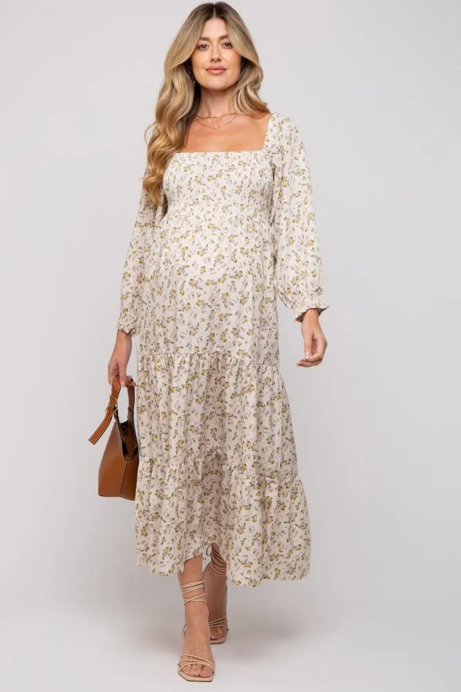 Cream Floral Smocked Long Sleeve Maternity Maxi Dress sold by Pinkblush product image thumbnail 4