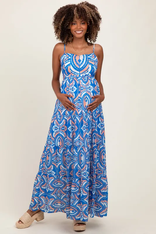 Blue Printed Sleeveless Maternity Maxi Dress sold by Pinkblush