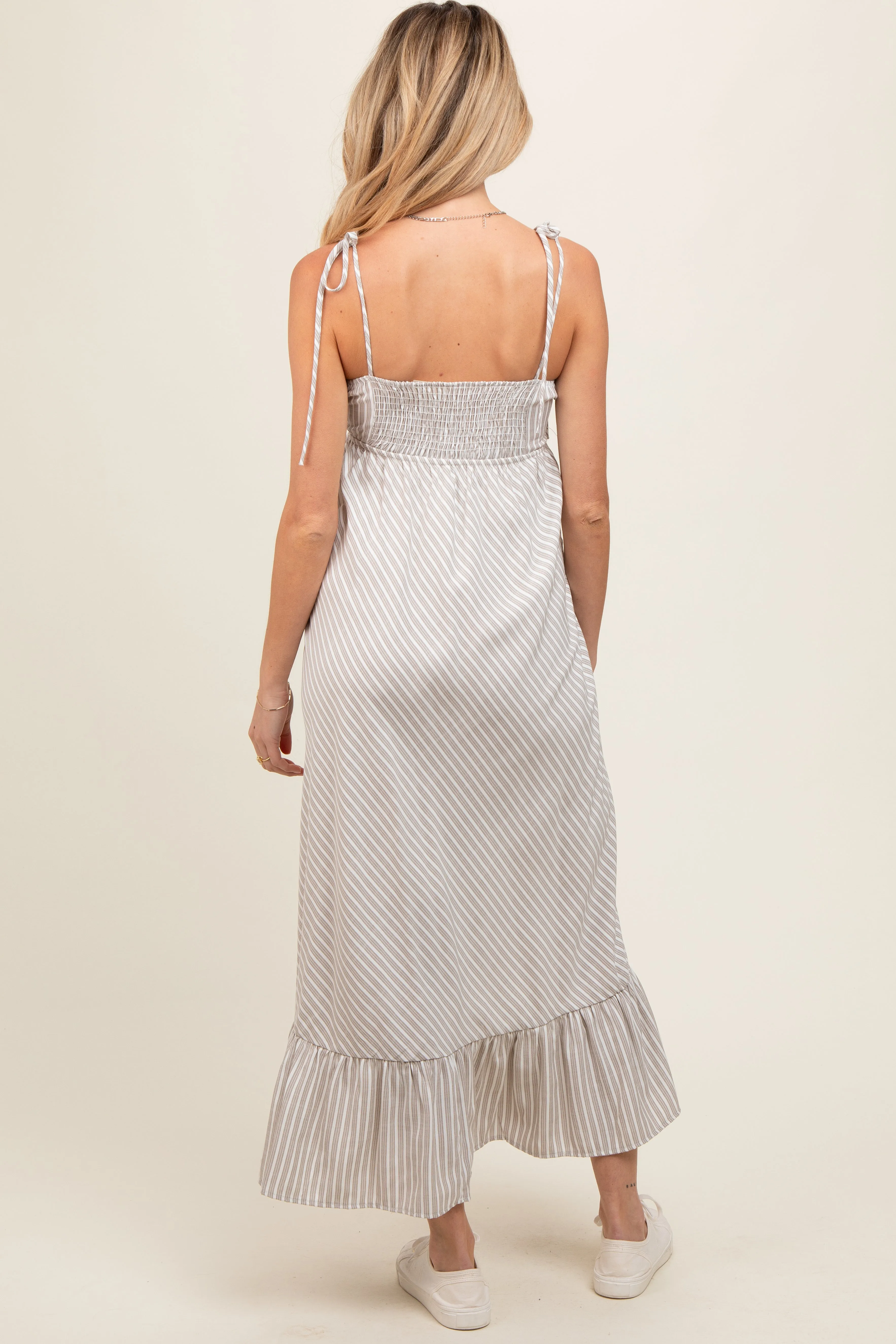 Beige Striped Tie Strap Maternity Maxi Dress sold by Pinkblush product image thumbnail 4