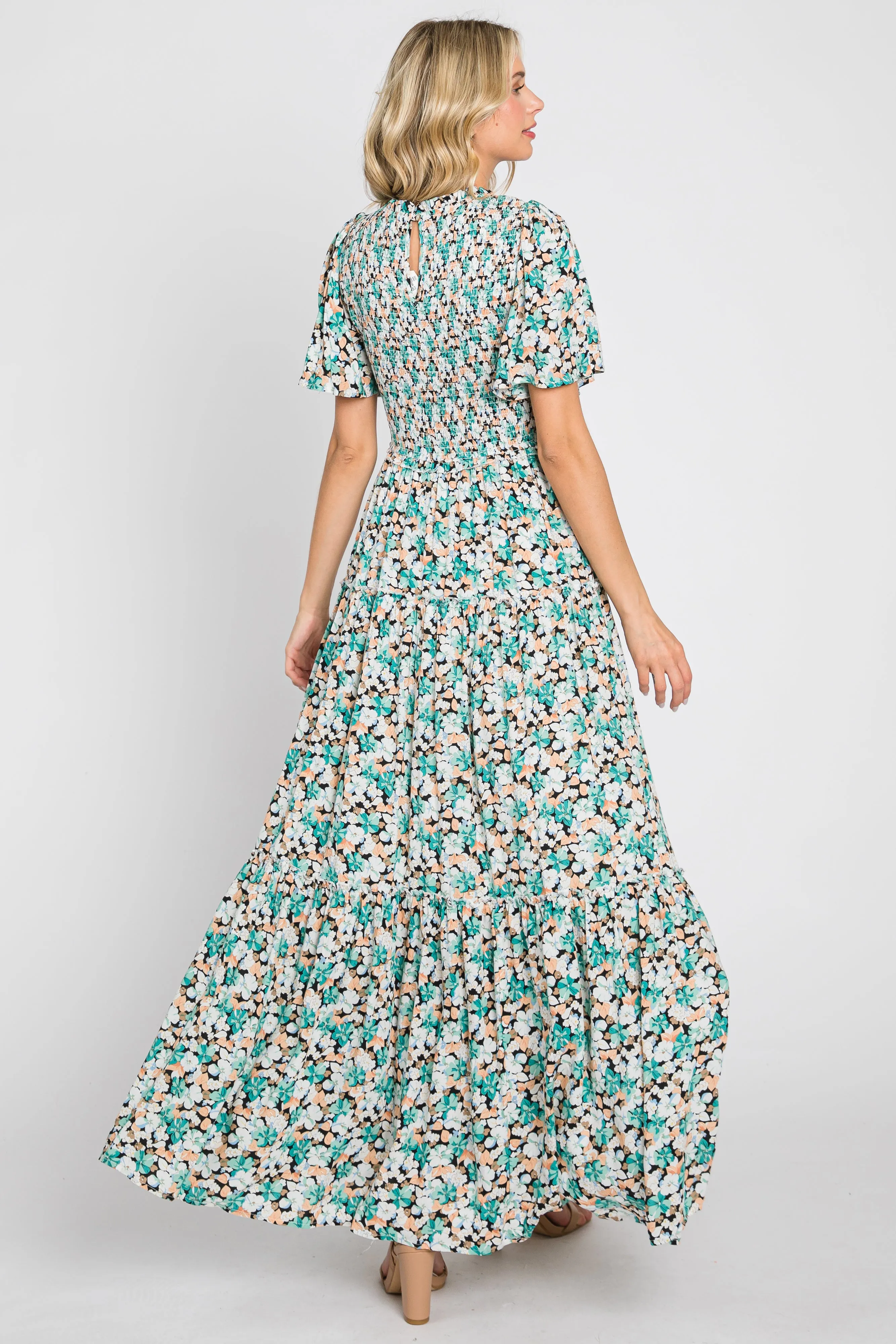 Green Floral Smocked Tiered Maxi Dress sold by Pinkblush product image thumbnail 3