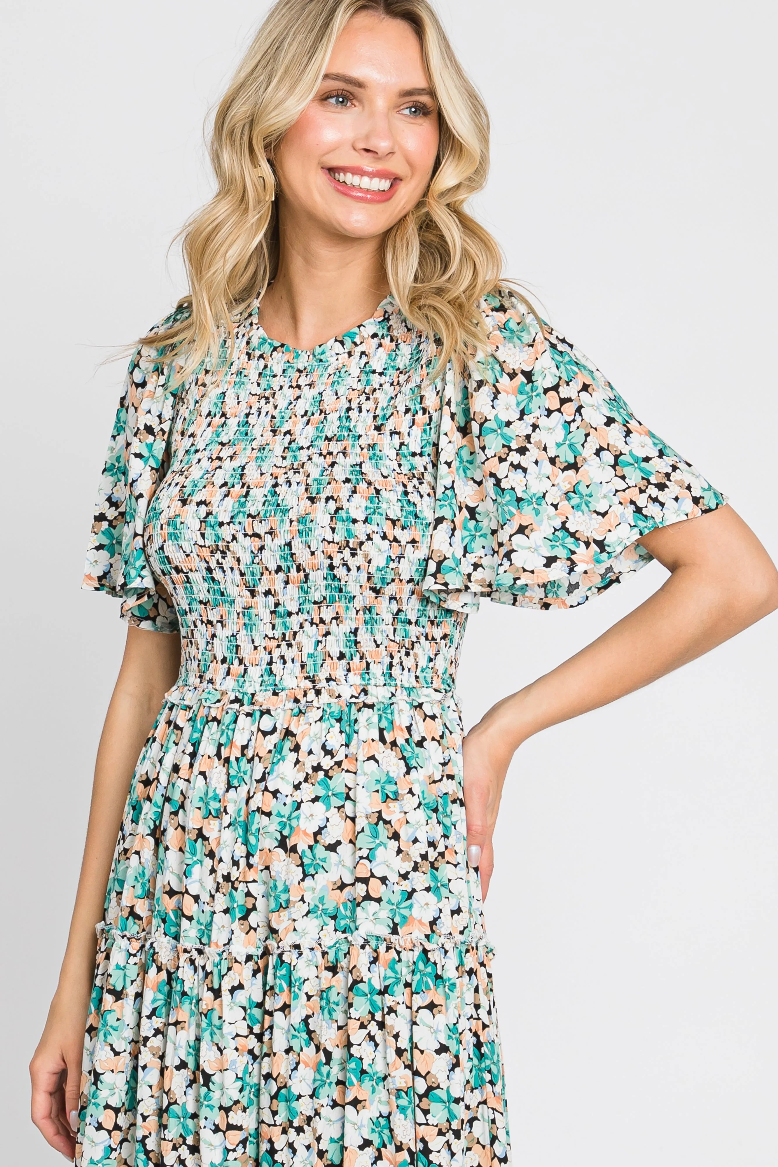 Green Floral Smocked Tiered Maxi Dress sold by Pinkblush product image thumbnail 4