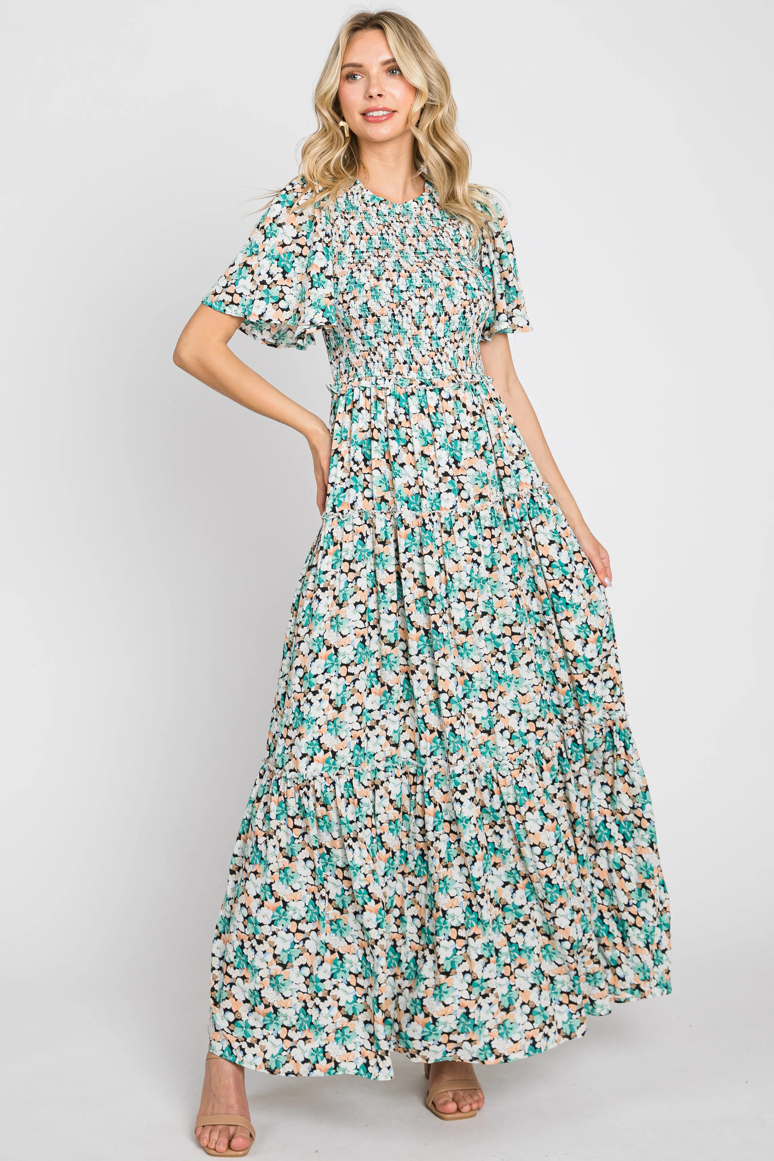 Green Floral Smocked Tiered Maxi Dress sold by Pinkblush