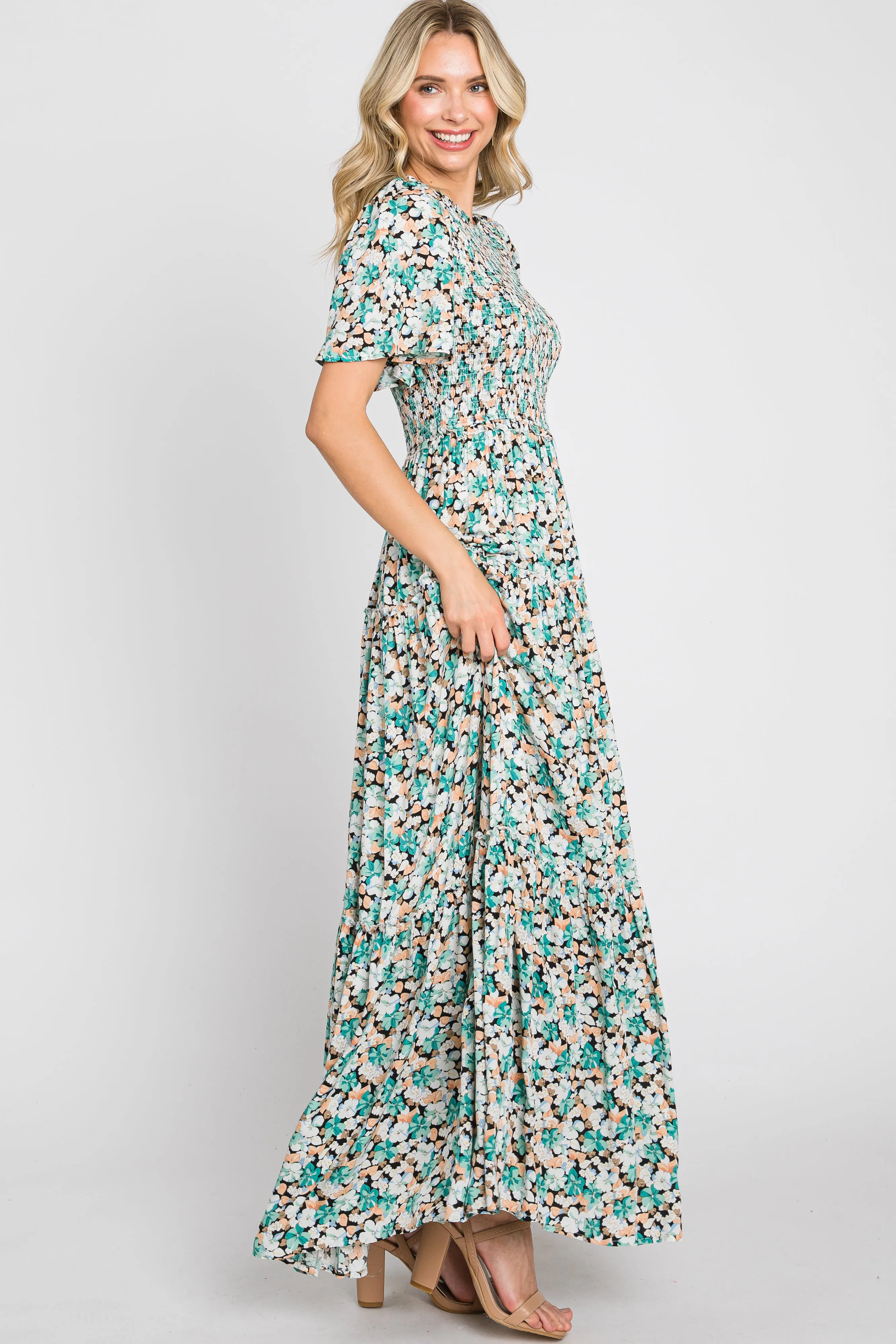 Green Floral Smocked Tiered Maxi Dress sold by Pinkblush product image thumbnail 2