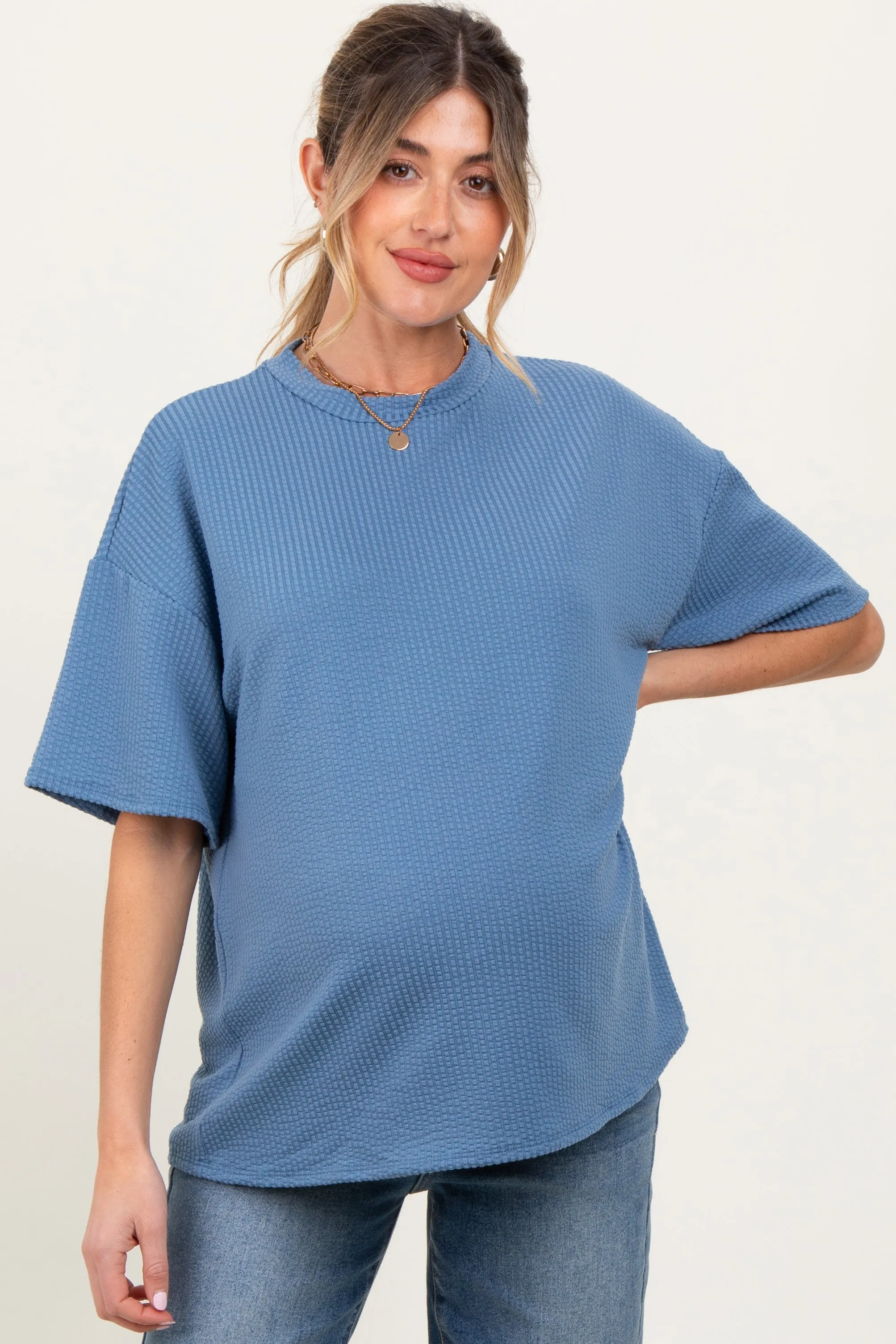 Blue Ribbed Short Sleeve Maternity Top sold by Pinkblush product image thumbnail 2