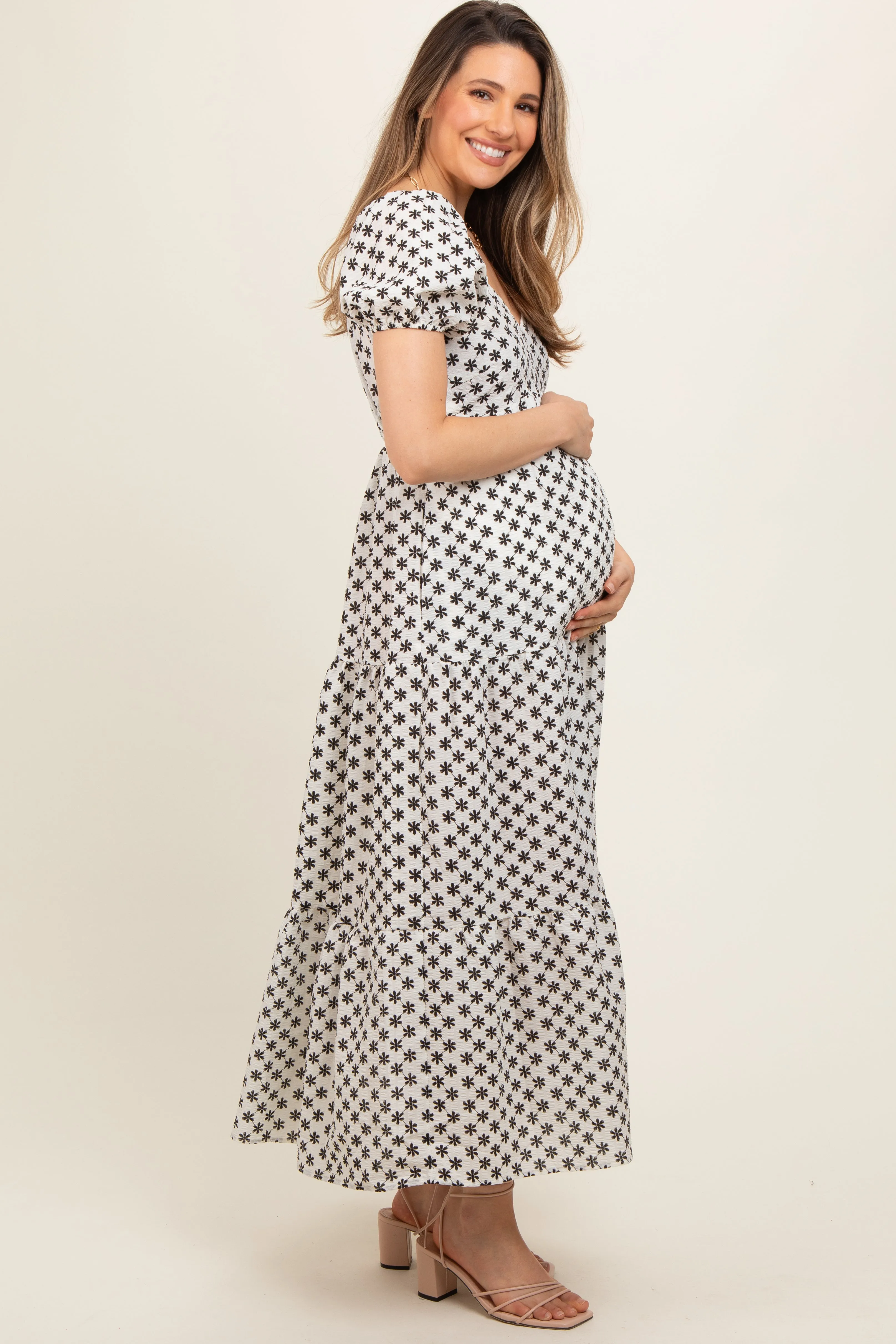 Black Floral Tiered Puff Sleeve Maternity Maxi Dress sold by Pinkblush product image thumbnail 2