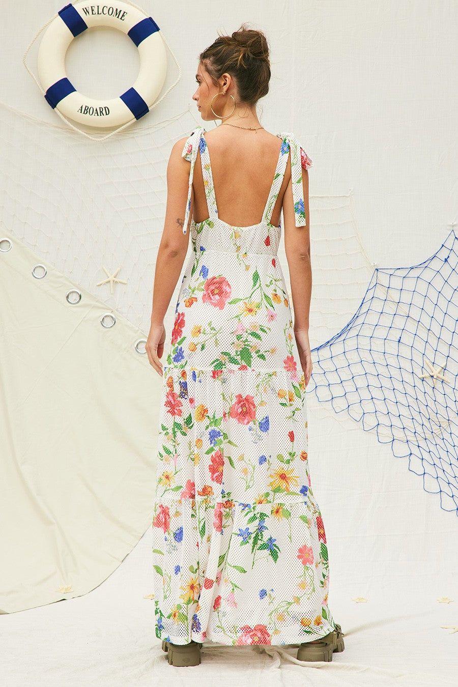 Off White Printed Shoulder Tie Maxi Dress sold by Pinkblush product image thumbnail 4