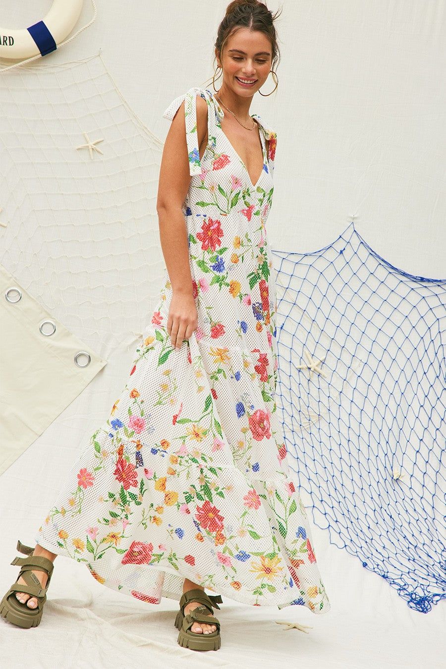 Off White Printed Shoulder Tie Maxi Dress sold by Pinkblush