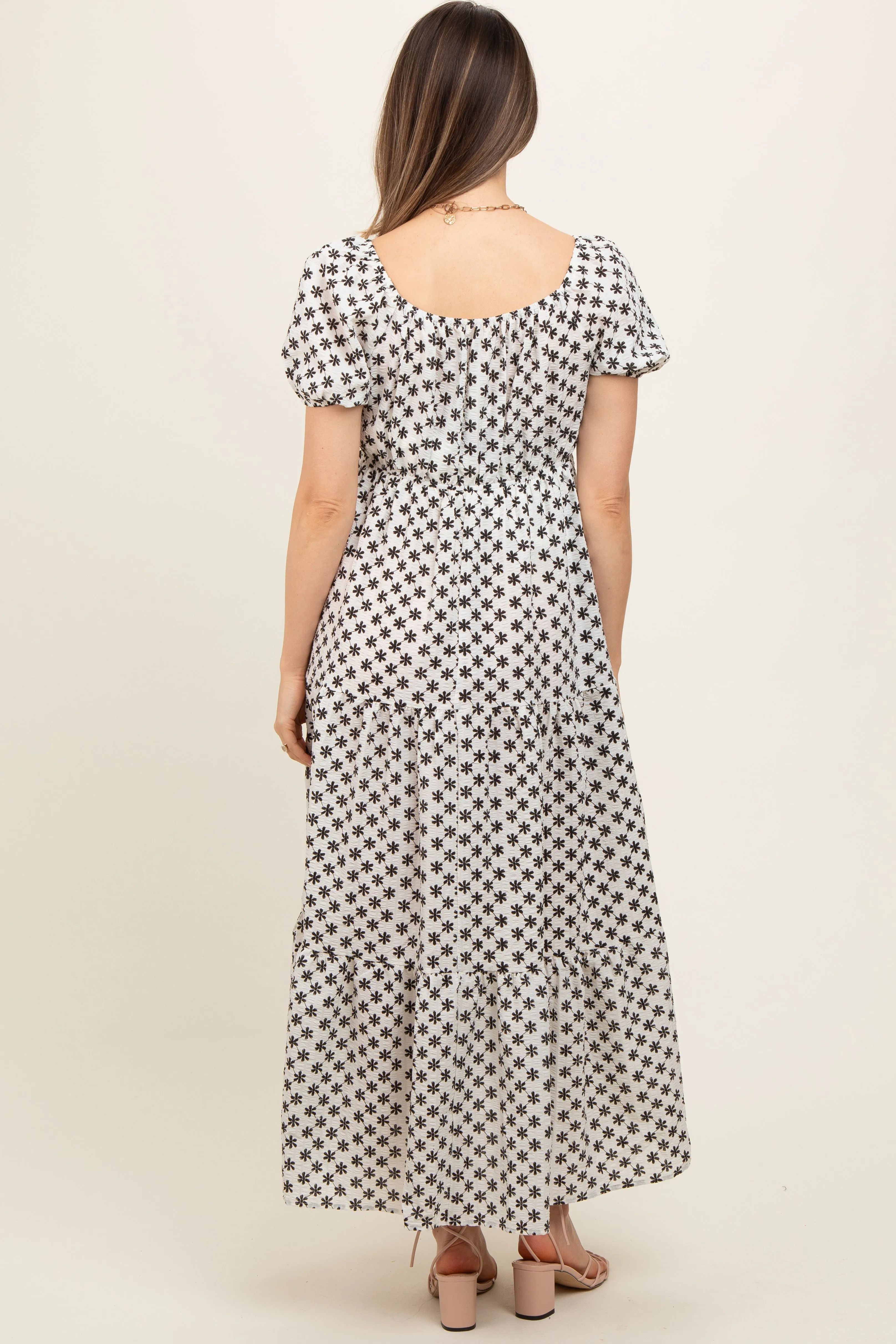 Black Floral Tiered Puff Sleeve Maternity Maxi Dress sold by Pinkblush product image thumbnail 3