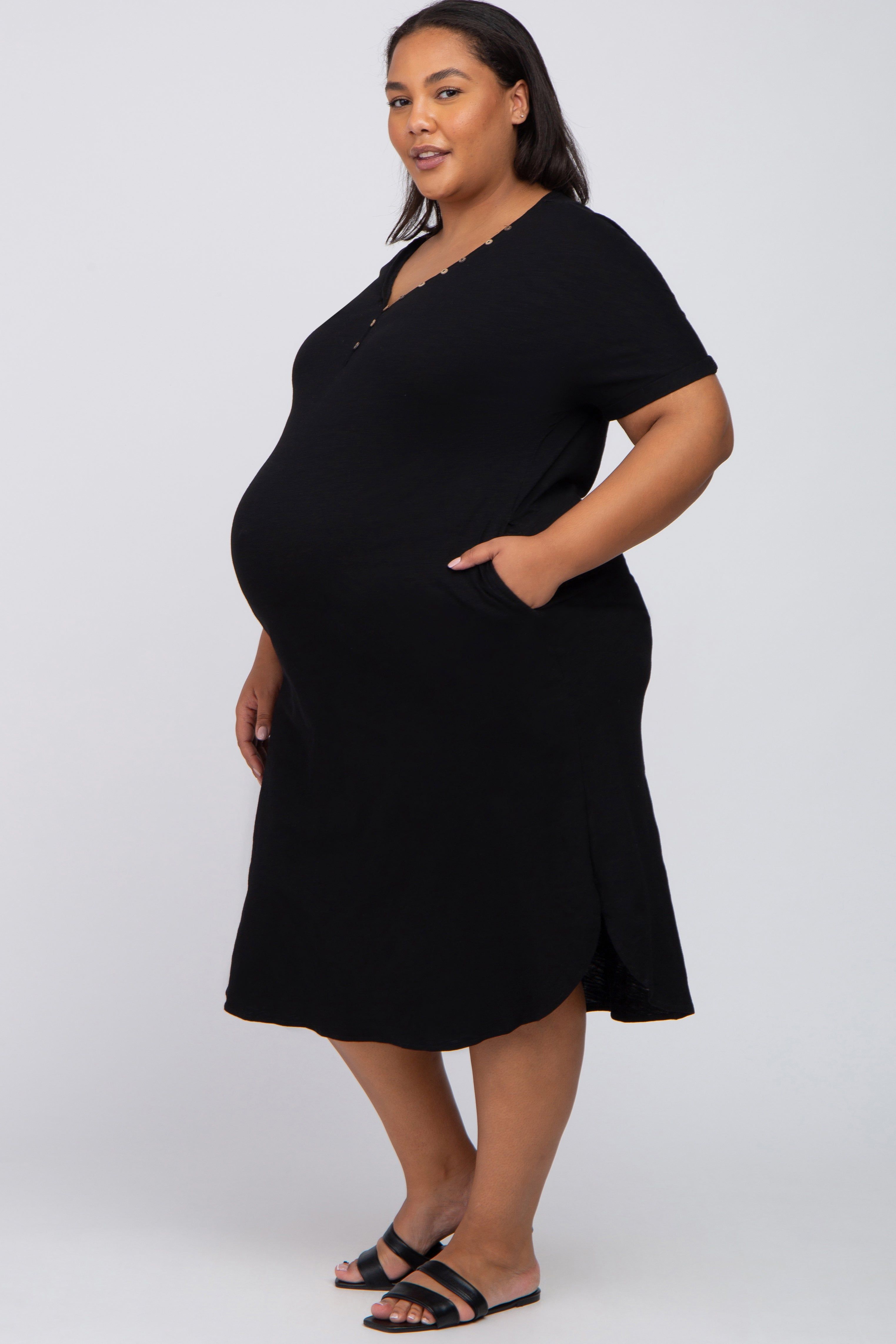 Black Button Neck Round Hem Maternity Plus Dress sold by Pinkblush product image thumbnail 2