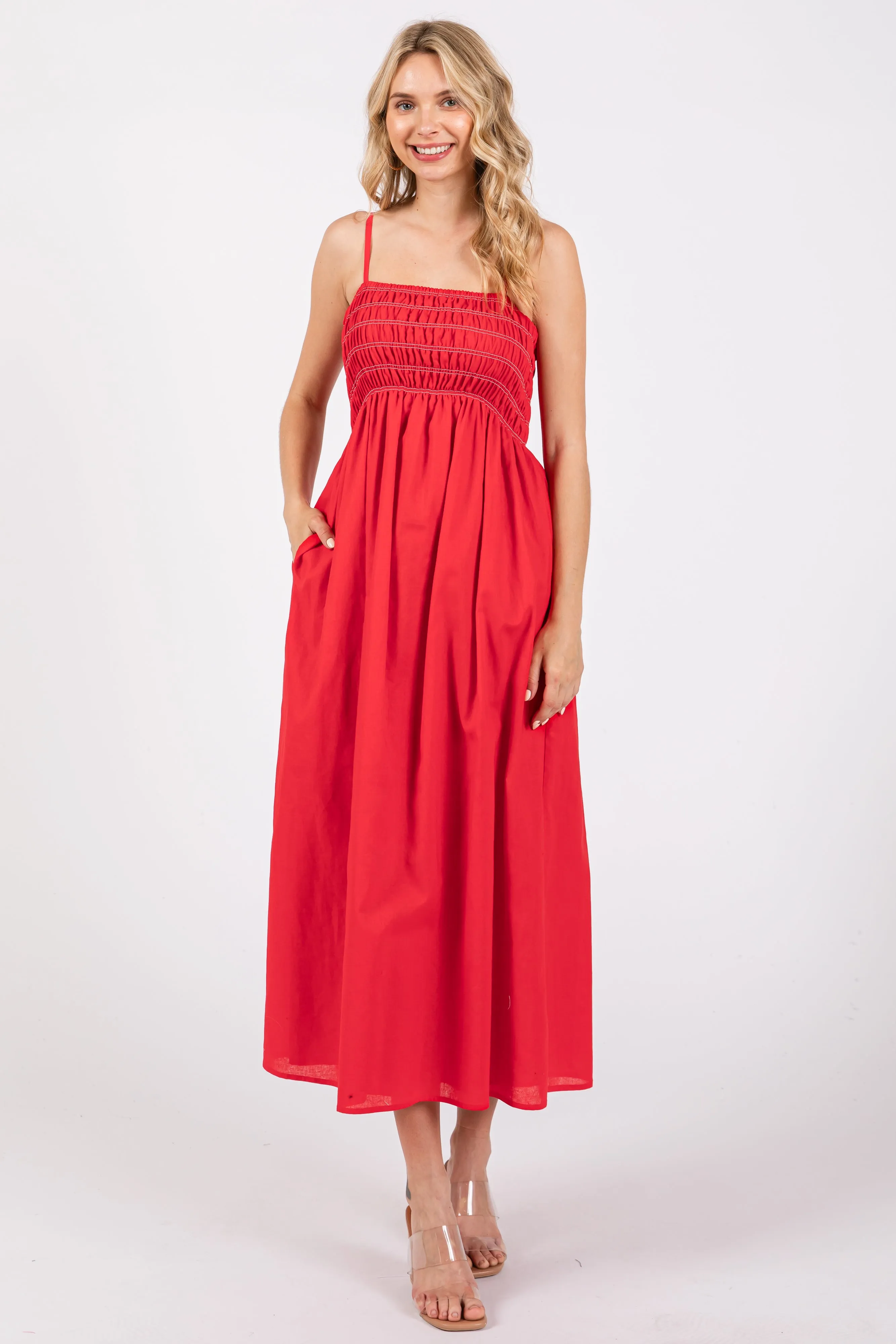 Red Bartlett Striped Smocked Midi Dress sold by Pinkblush