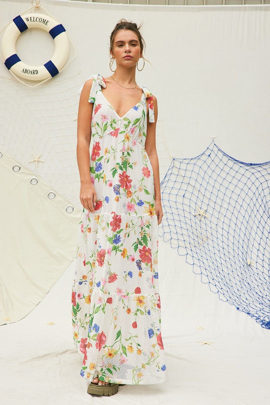 Off White Printed Shoulder Tie Maxi Dress sold by Pinkblush product image thumbnail 2