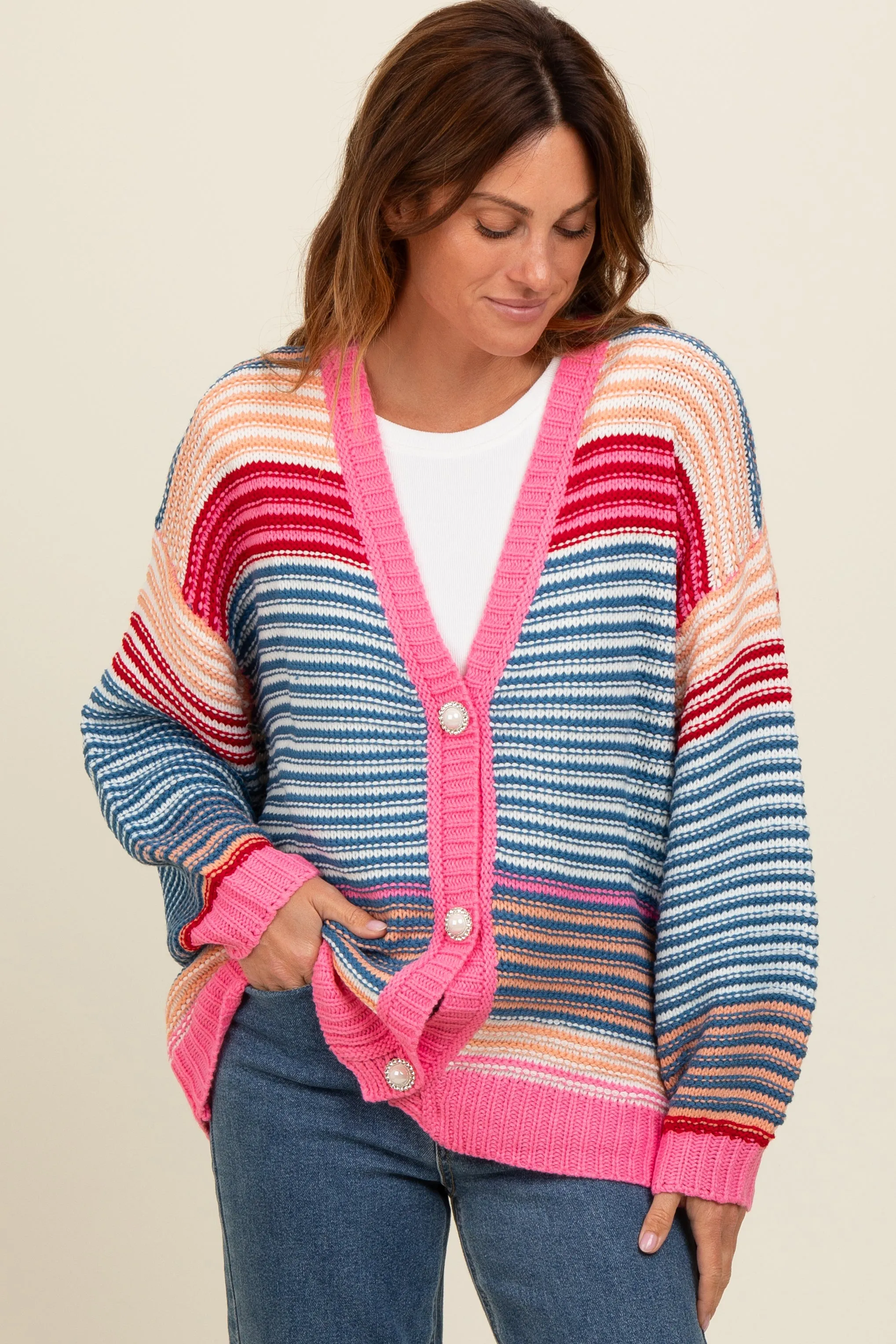 Pink Multi Striped Sweater Cardigan sold by Pinkblush