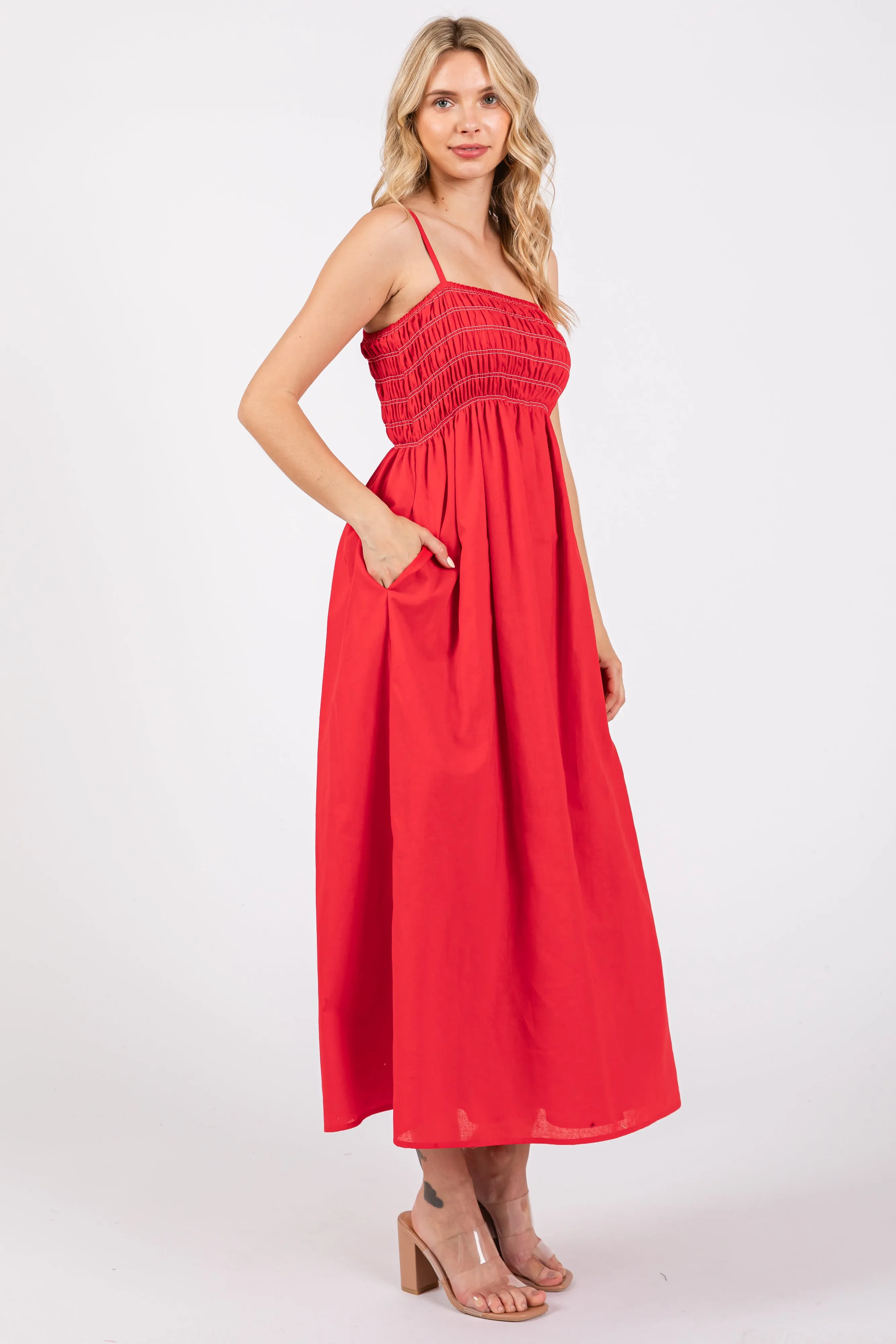 Red Bartlett Striped Smocked Midi Dress sold by Pinkblush product image thumbnail 2