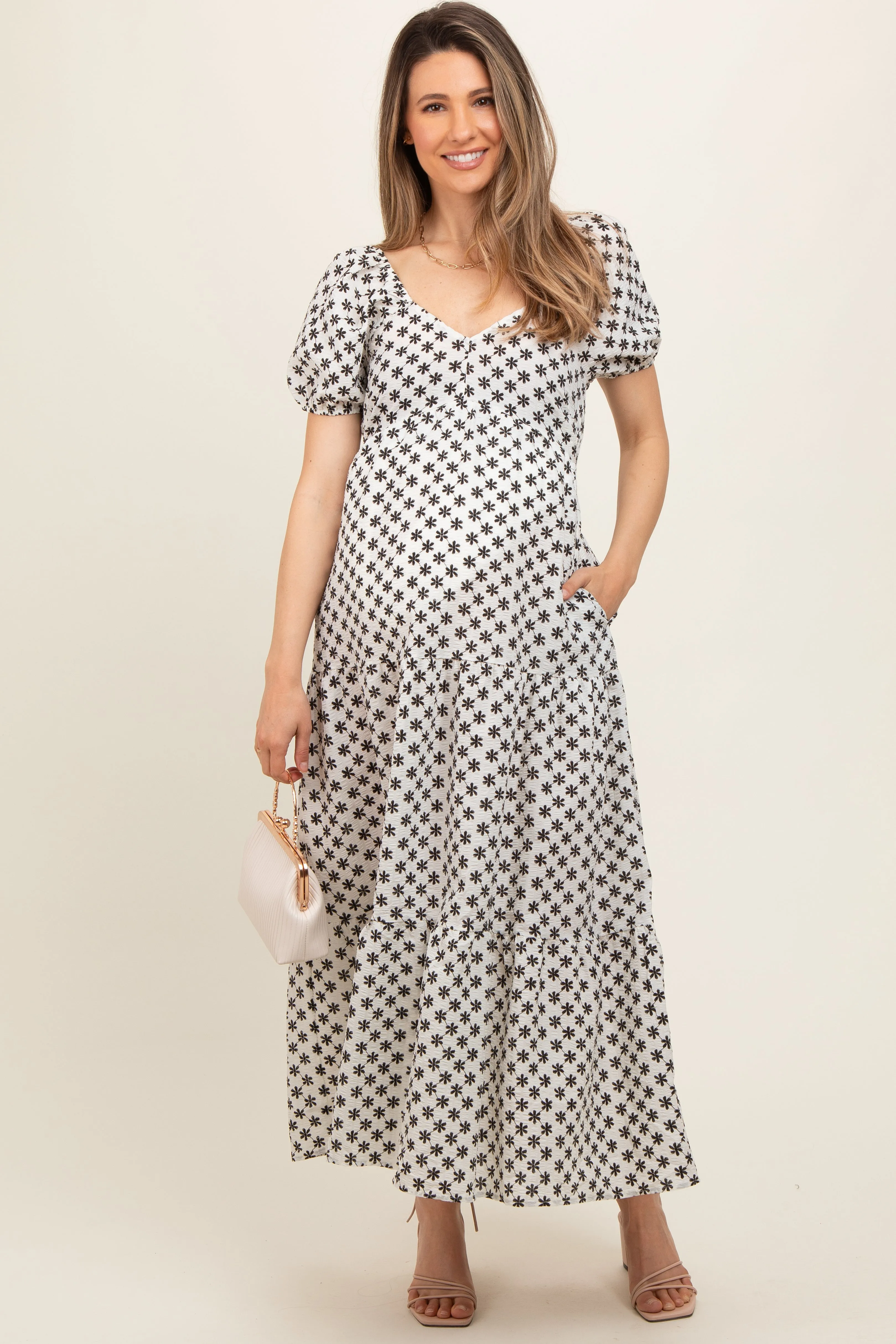 Black Floral Tiered Puff Sleeve Maternity Maxi Dress sold by Pinkblush