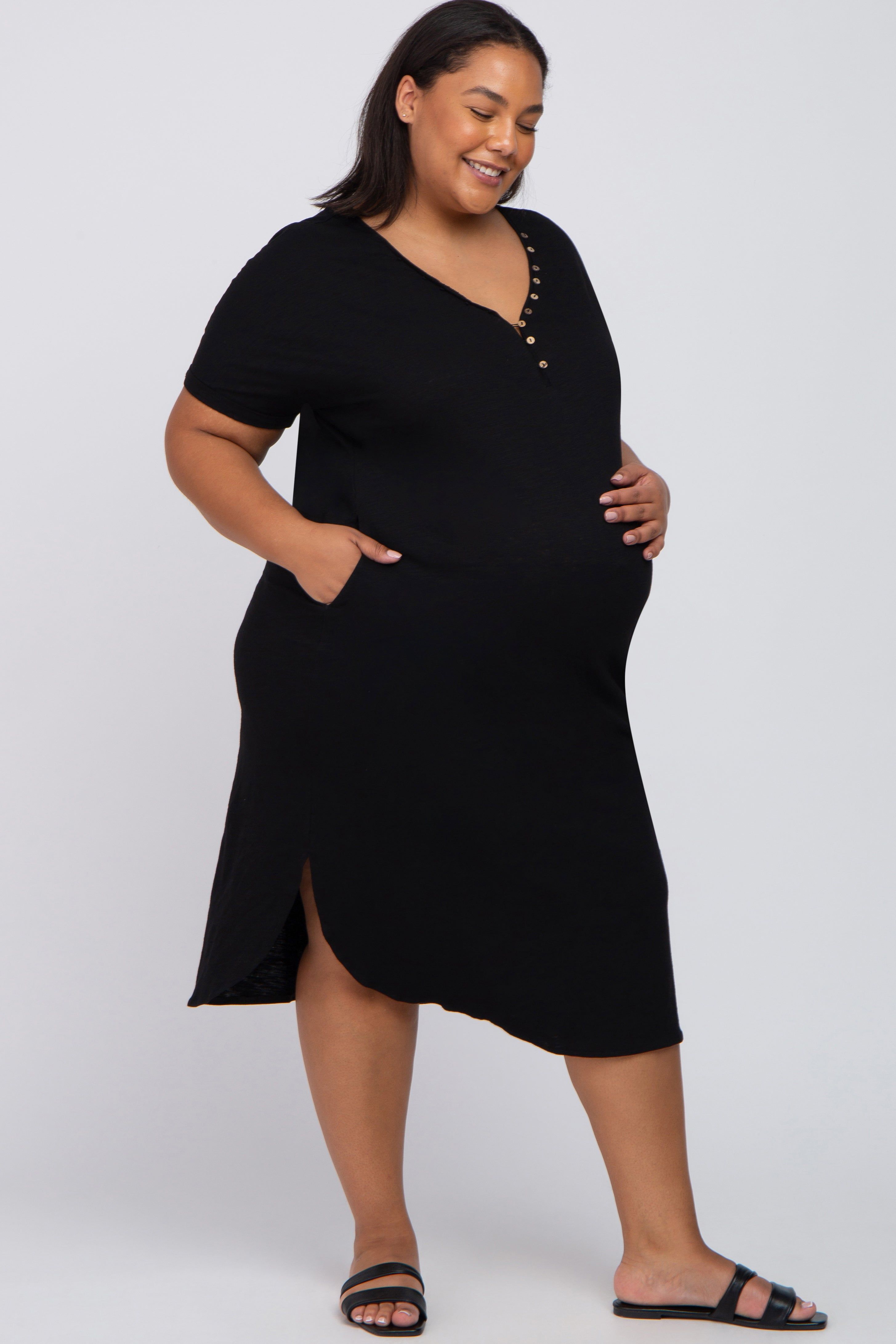Black Button Neck Round Hem Maternity Plus Dress sold by Pinkblush product image thumbnail 4