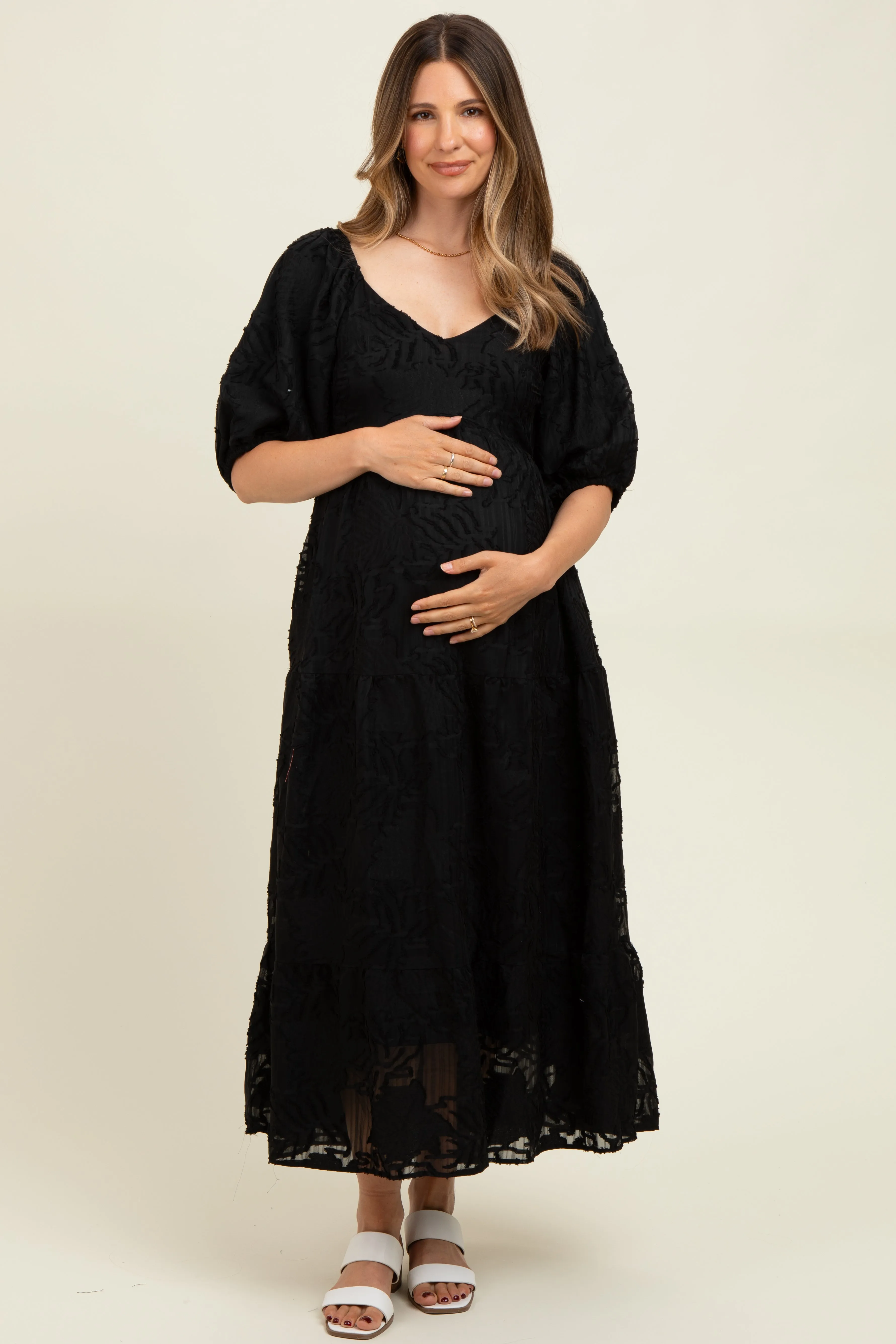 Black Leaf Textured Tiered Midi Maternity Dress sold by Pinkblush product image thumbnail 2