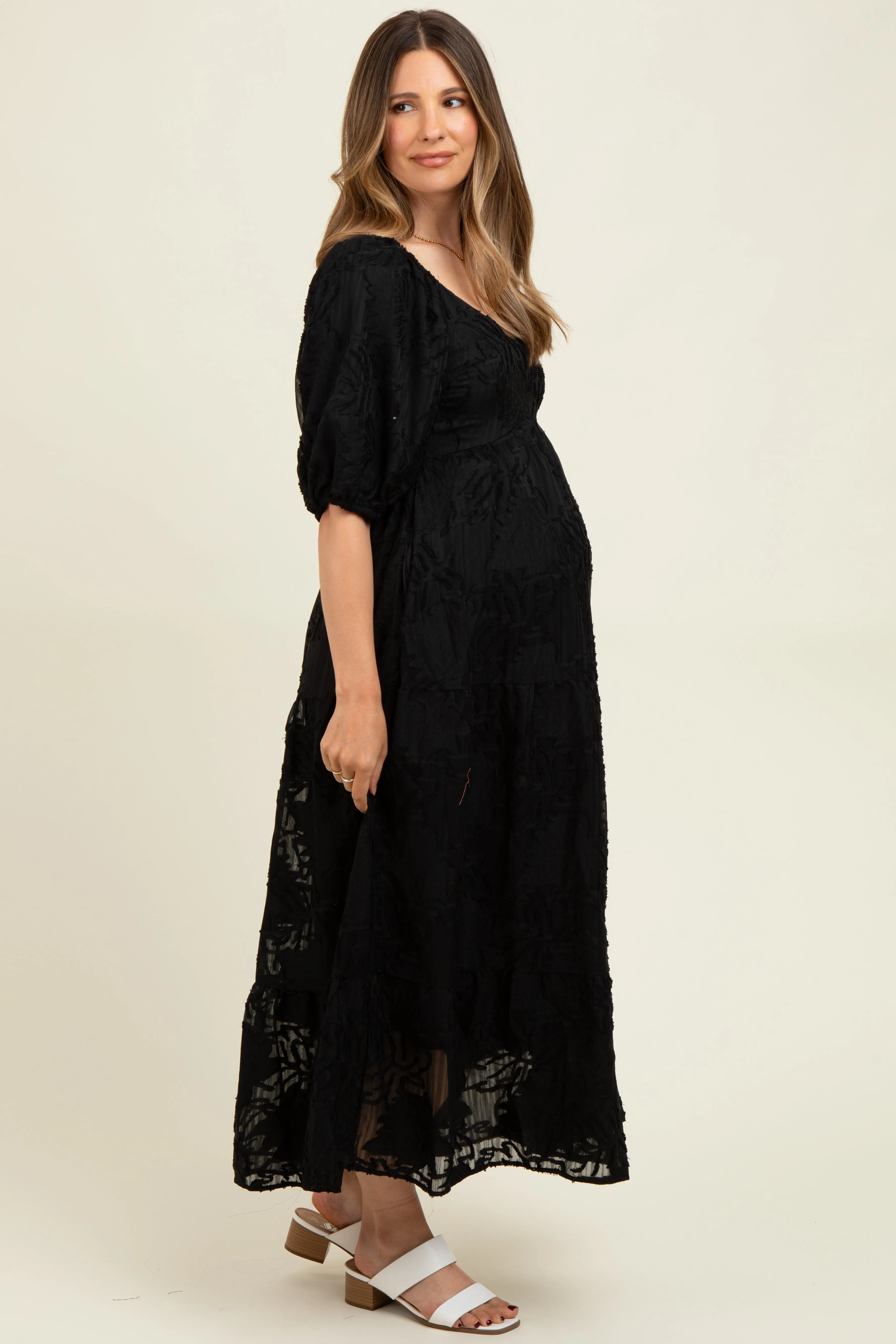 Black Leaf Textured Tiered Midi Maternity Dress sold by Pinkblush product image thumbnail 3