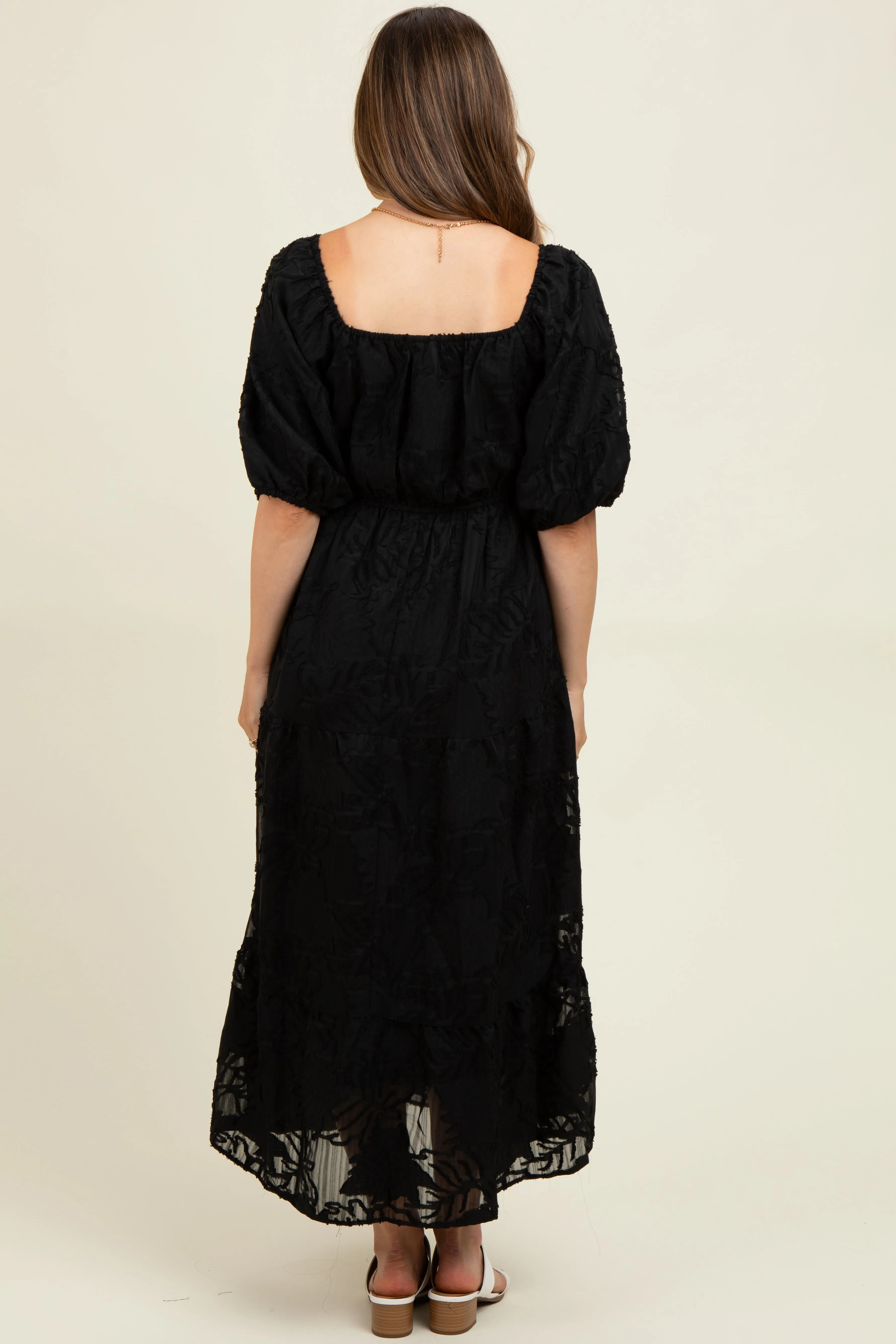 Black Leaf Textured Tiered Midi Maternity Dress sold by Pinkblush product image thumbnail 4