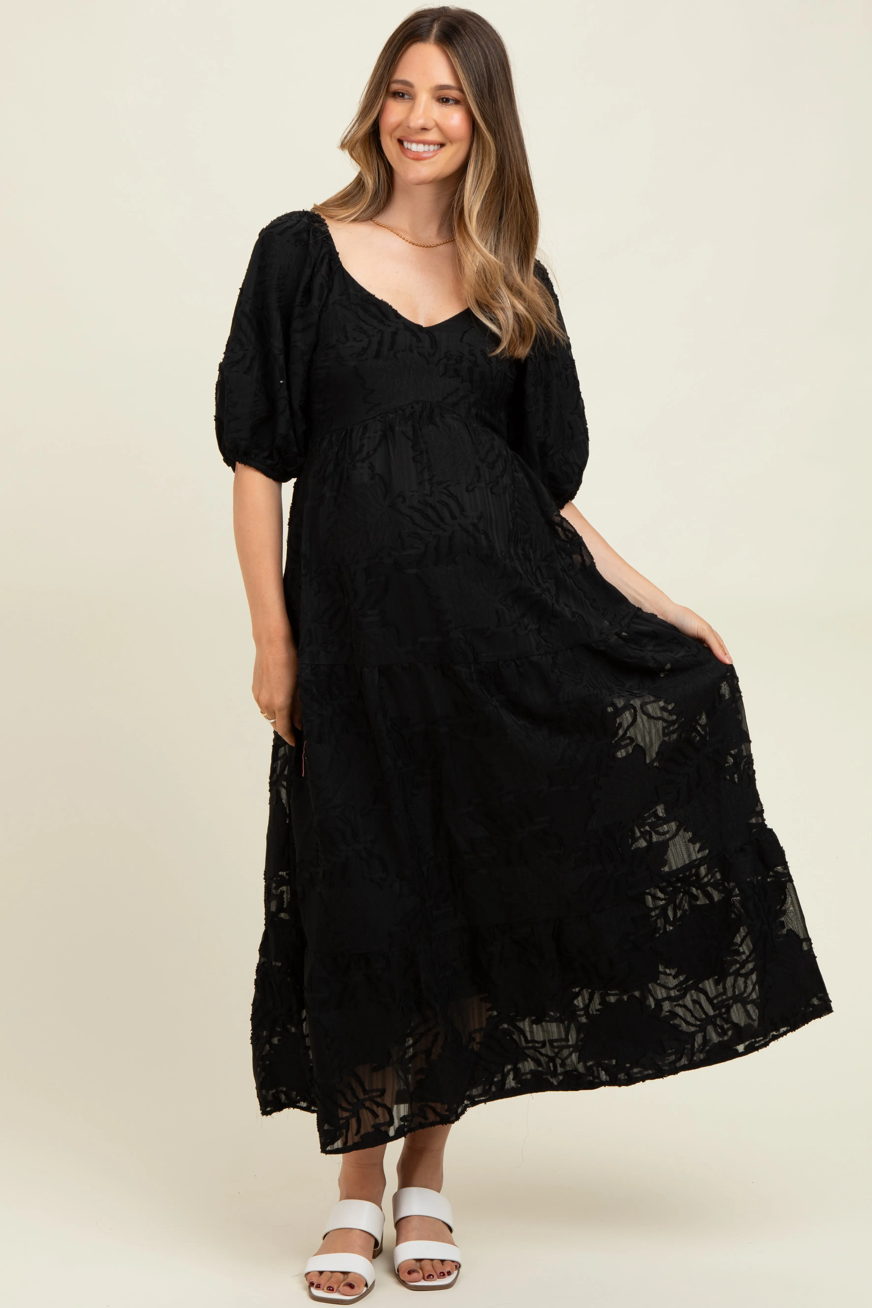 Black Leaf Textured Tiered Midi Maternity Dress sold by Pinkblush
