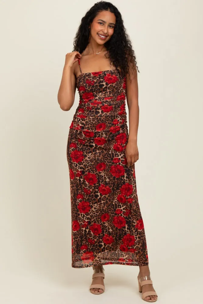 Brown Leopard Floral Mesh Ruched Sleeveless Maternity Maxi Dress sold by Pinkblush product image thumbnail 4