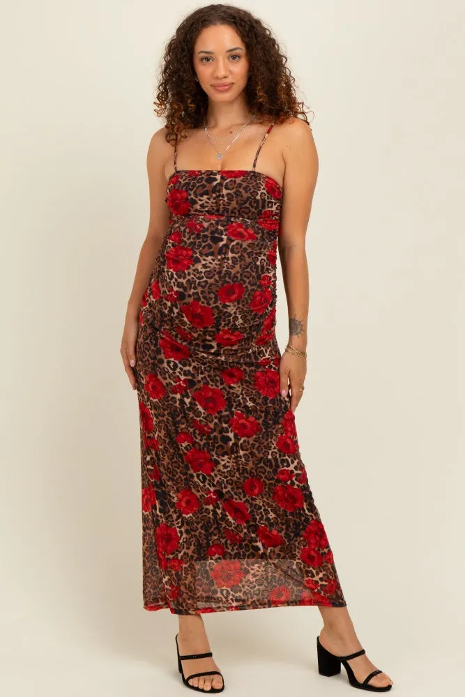 Brown Leopard Floral Mesh Ruched Sleeveless Maternity Maxi Dress sold by Pinkblush