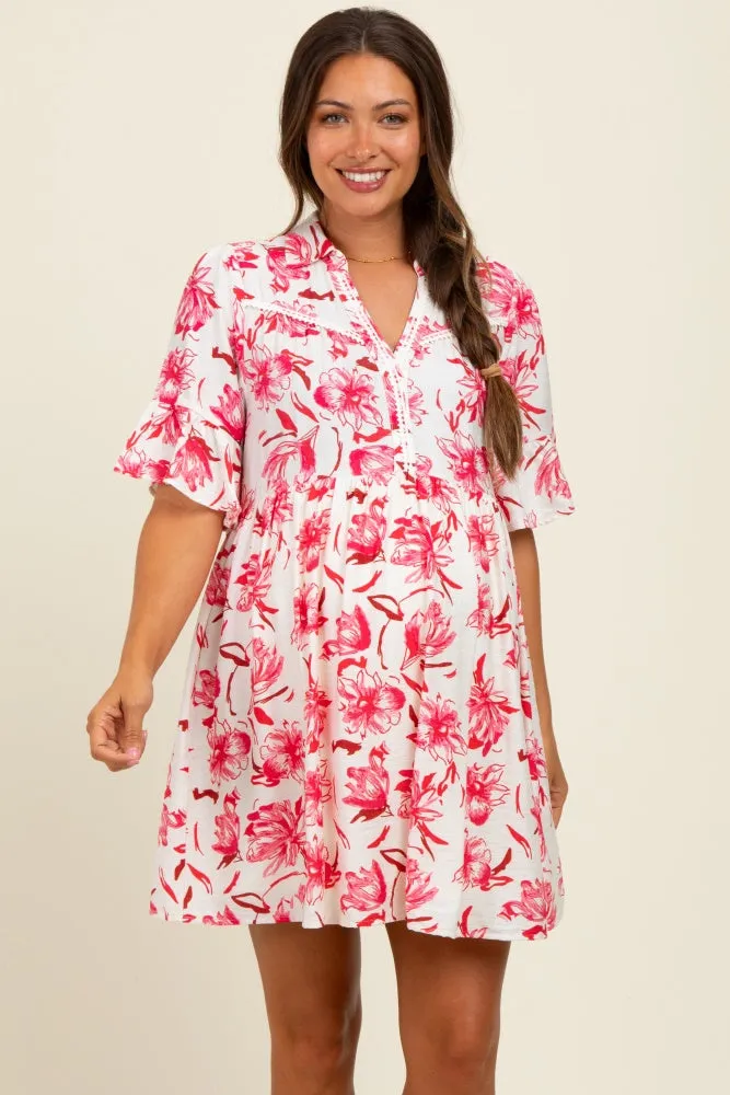 Red Floral V-Neck Crochet Trim Maternity Dress sold by Pinkblush