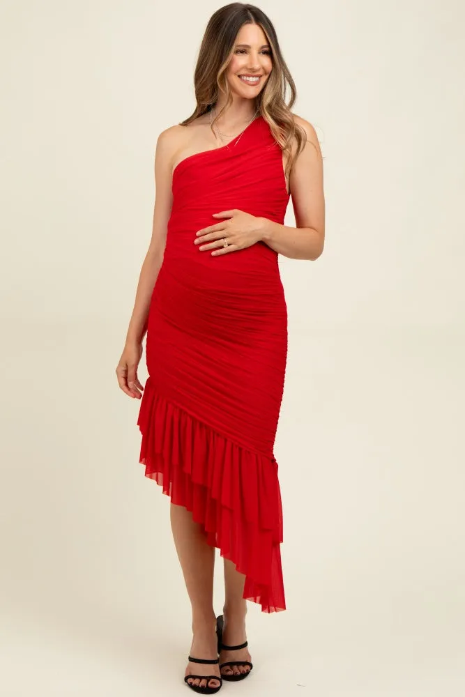 Red Ruched Mesh One Shoulder Asymmetric Maternity Dress sold by Pinkblush product image thumbnail 2