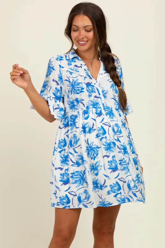 Blue Floral V-Neck Crochet Trim Maternity Dress sold by Pinkblush