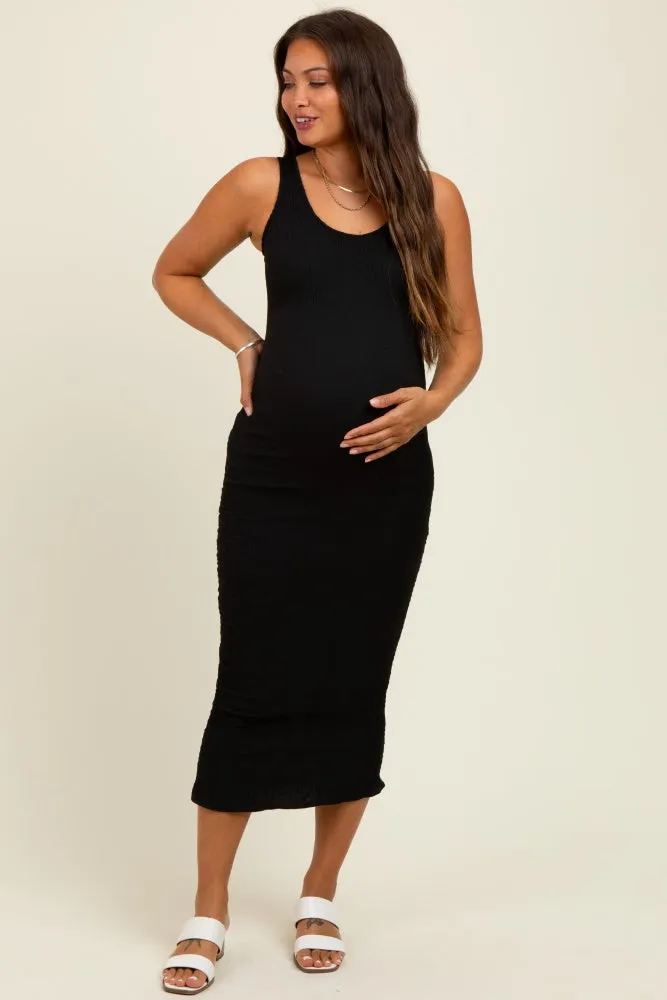 Black Smocked Sleeveless Ruffle Hem Maternity Fitted Dress sold by Pinkblush product image thumbnail 2